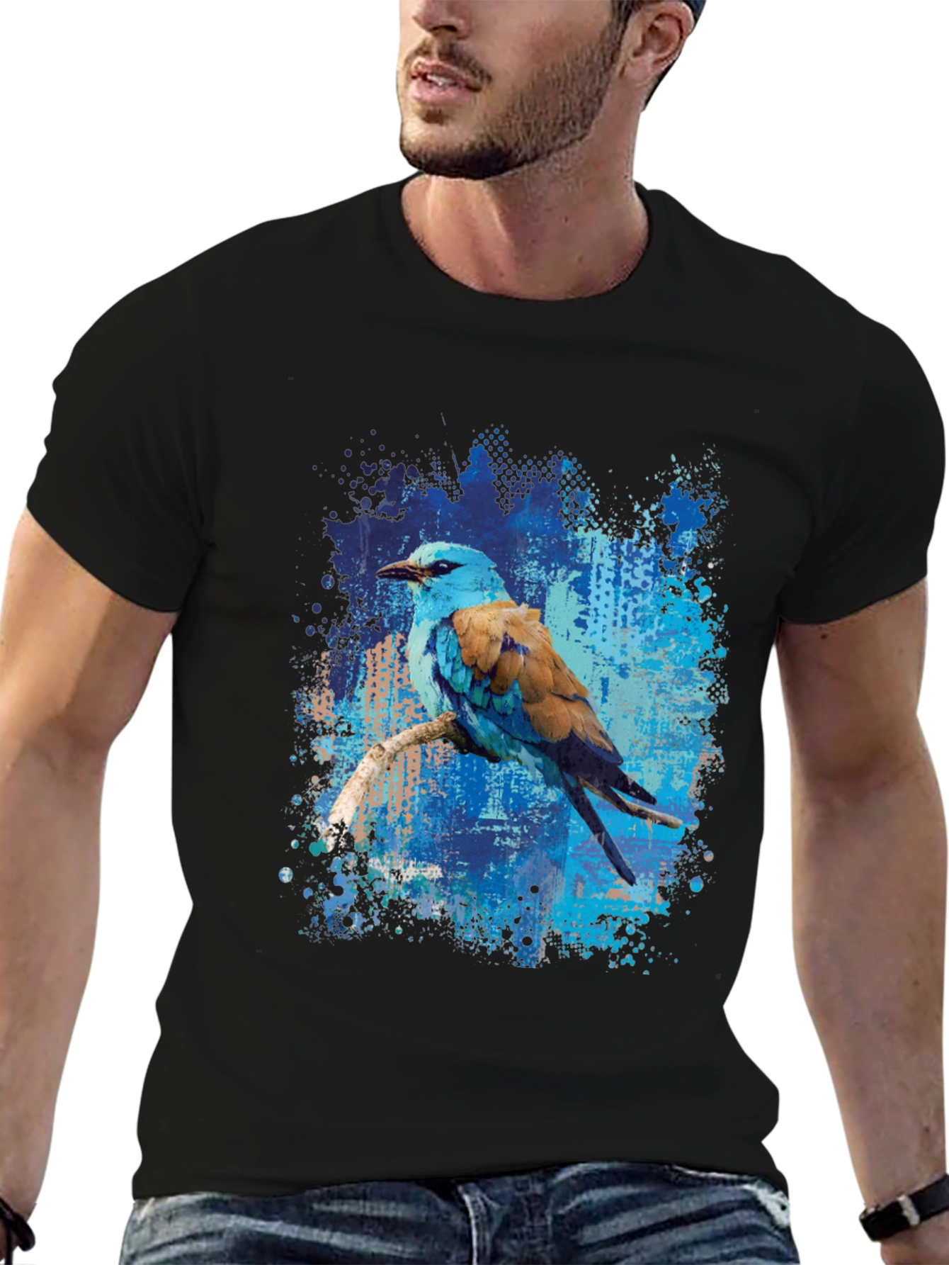 Blue Roller Bird Graphic Tee - Artistic Mens T-Shirt