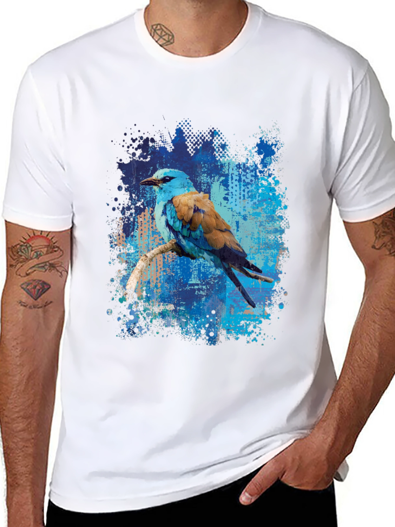 Blue Roller Bird Graphic Tee - Artistic Mens T-Shirt