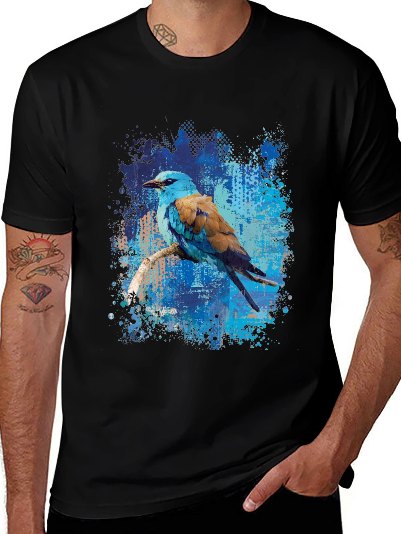 Blue Roller Bird Graphic Tee - Artistic Mens T-Shirt