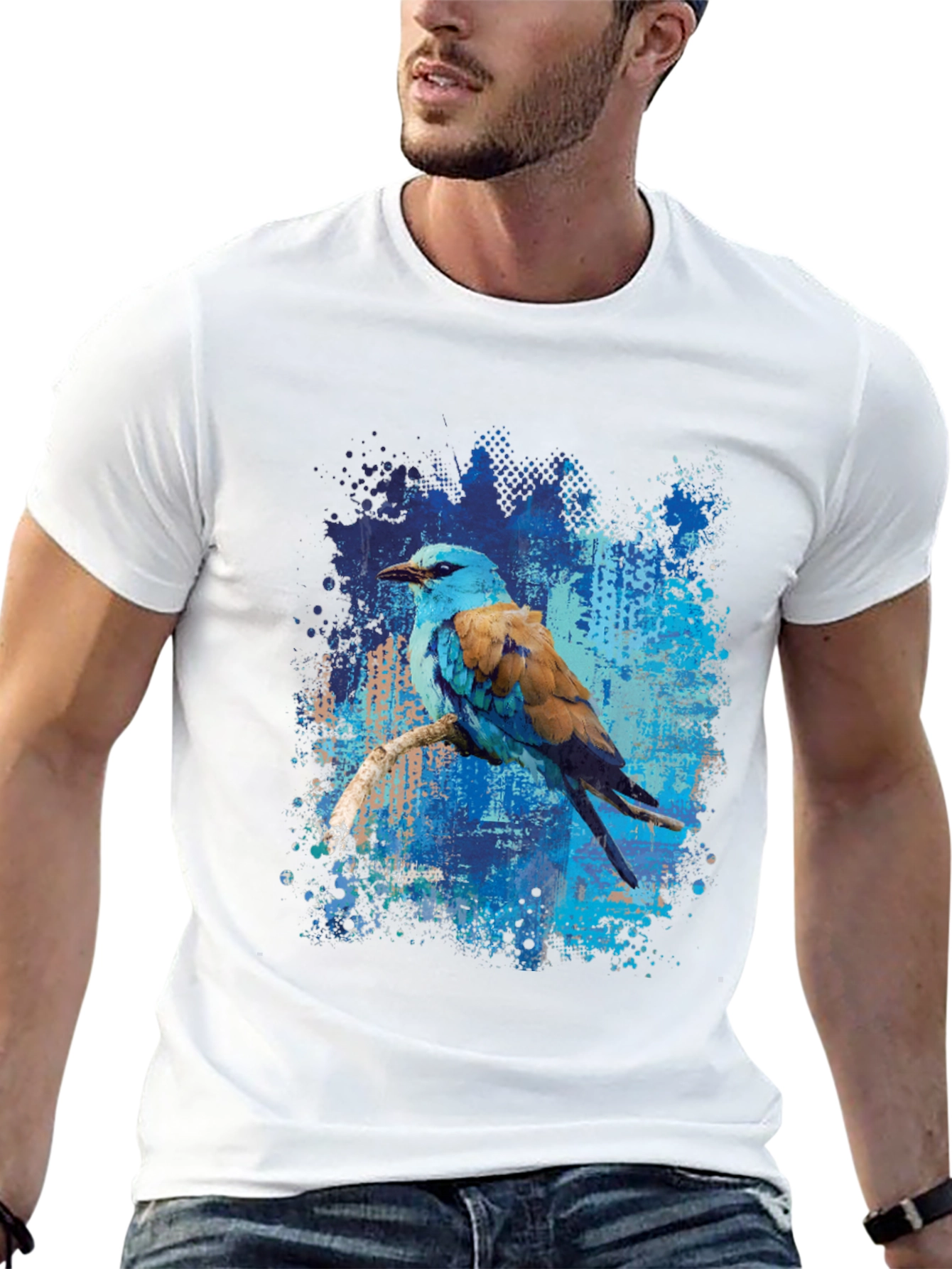 Blue Roller Bird Graphic Tee - Artistic Mens T-Shirt