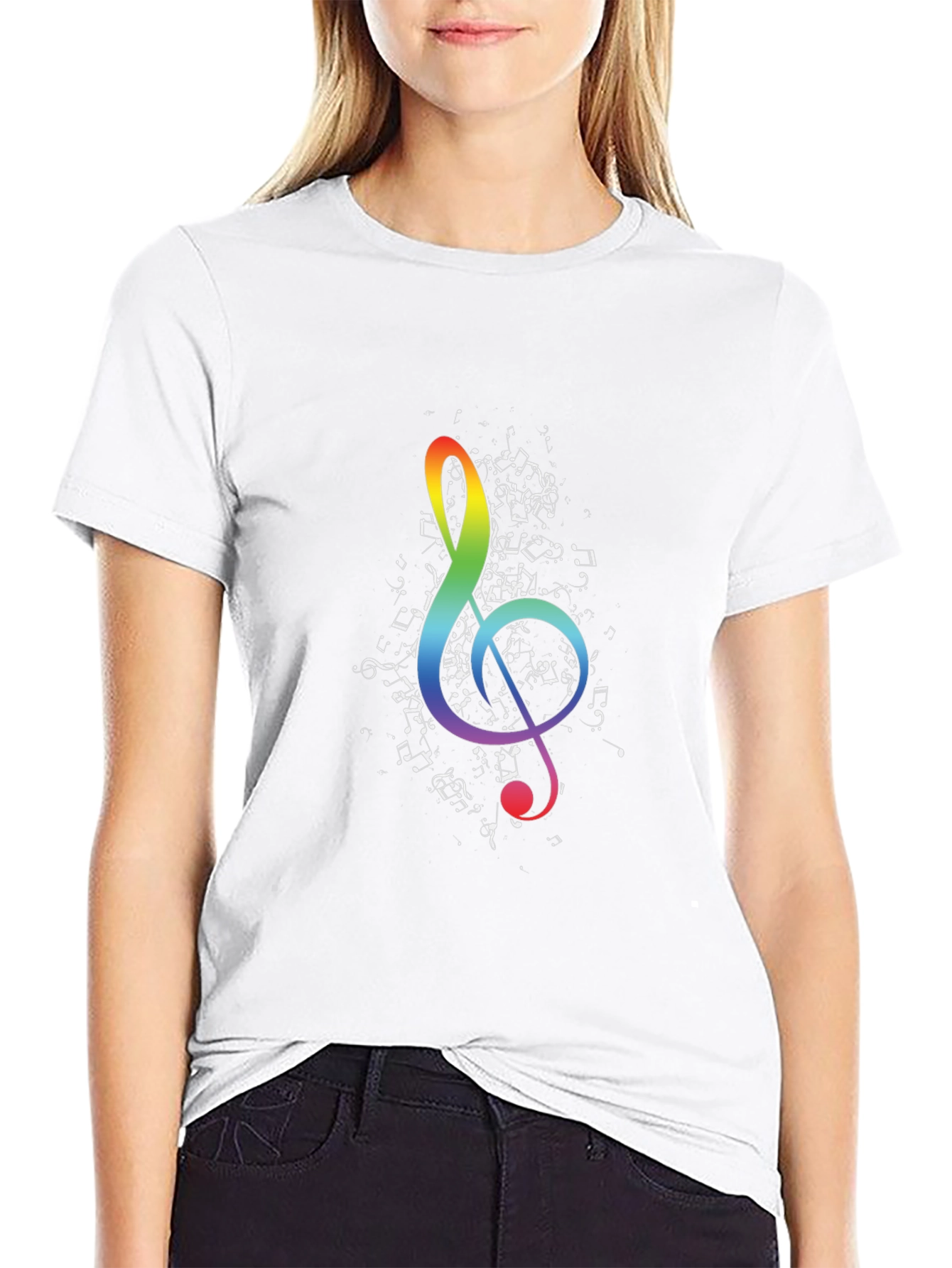 Rainbow Treble Clef Music Notes Black T-Shirt