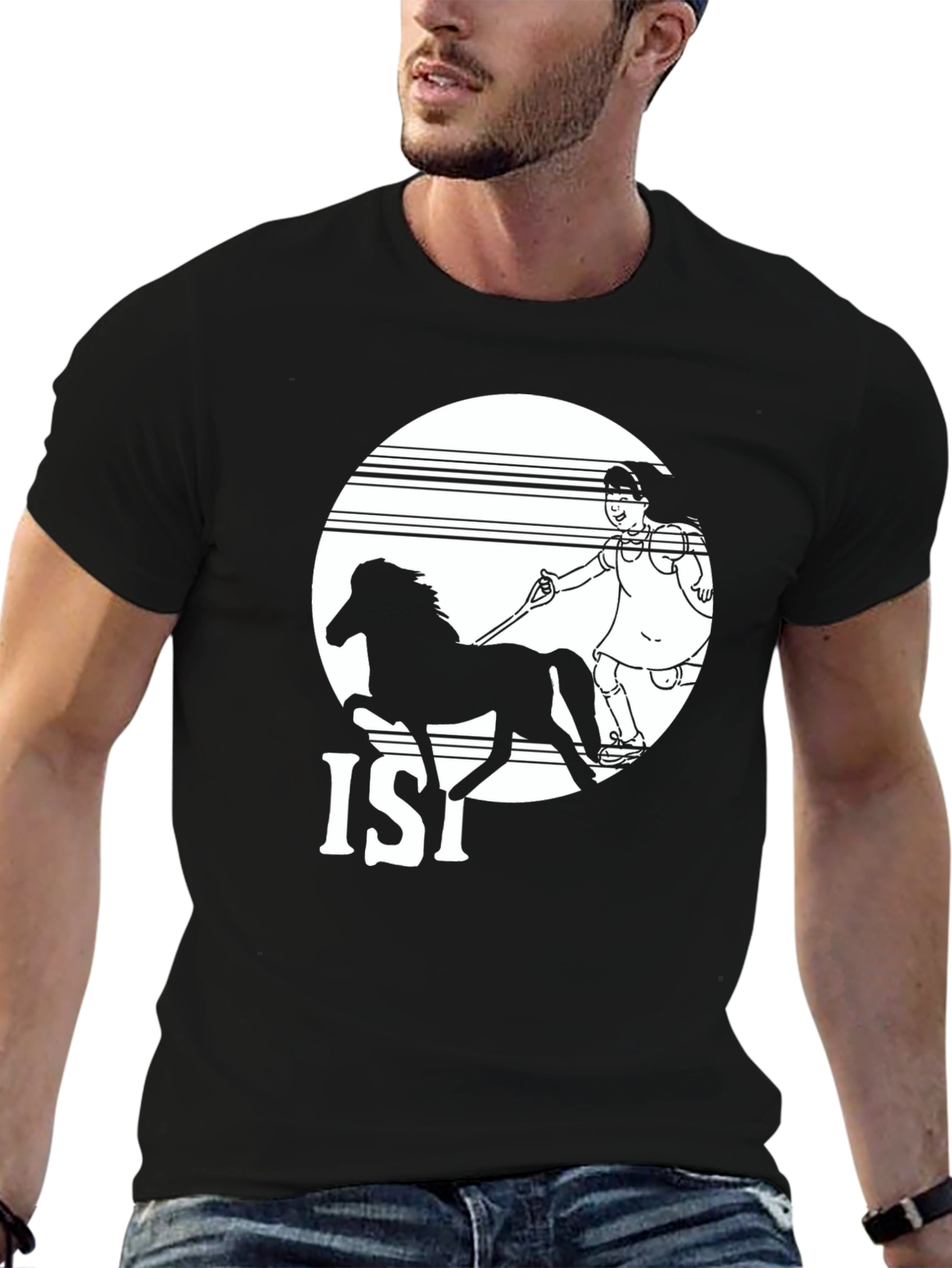 Black T-Shirt with Horse and Girl Graphic