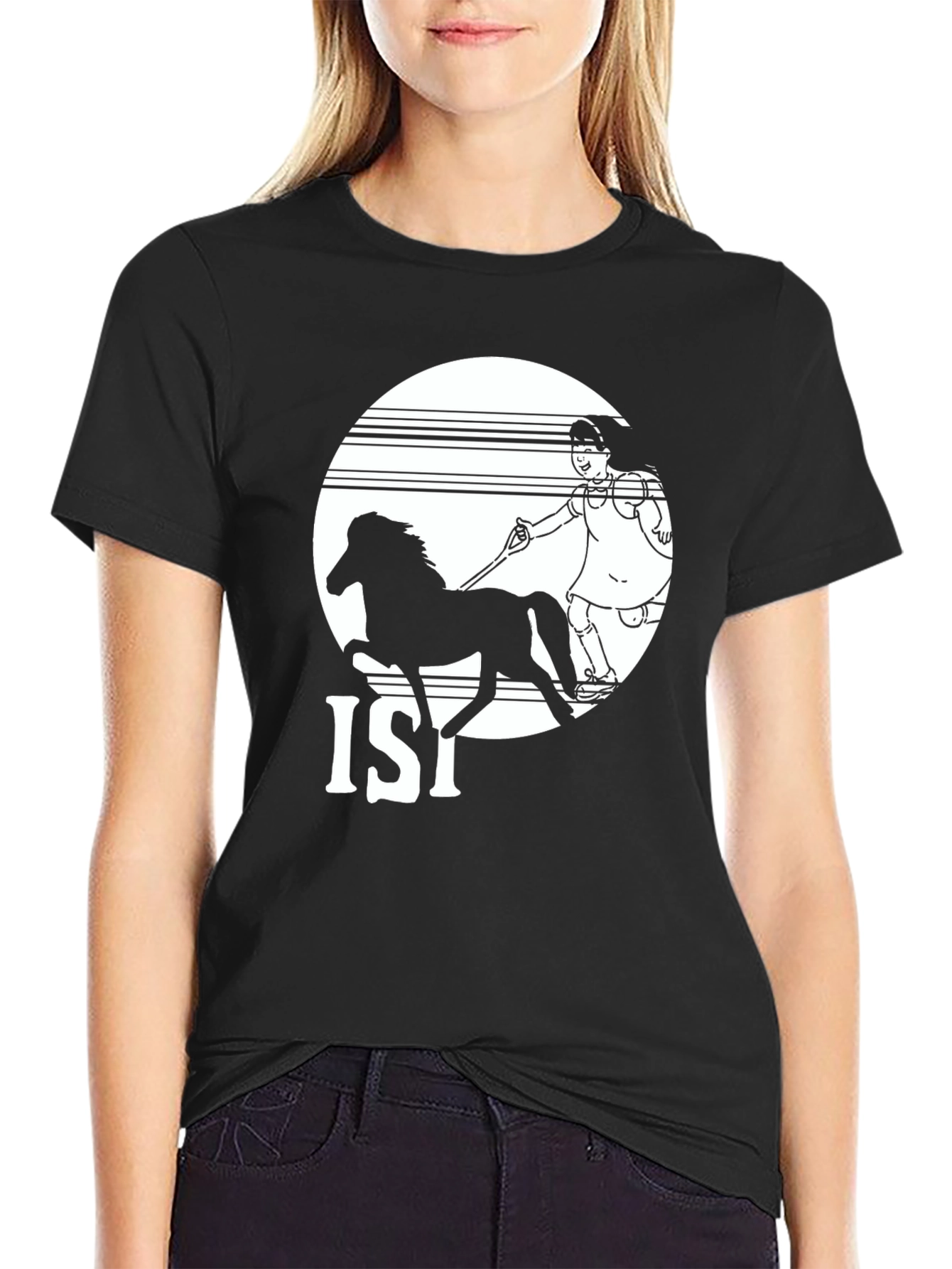 Black T-Shirt with Horse and Girl Graphic