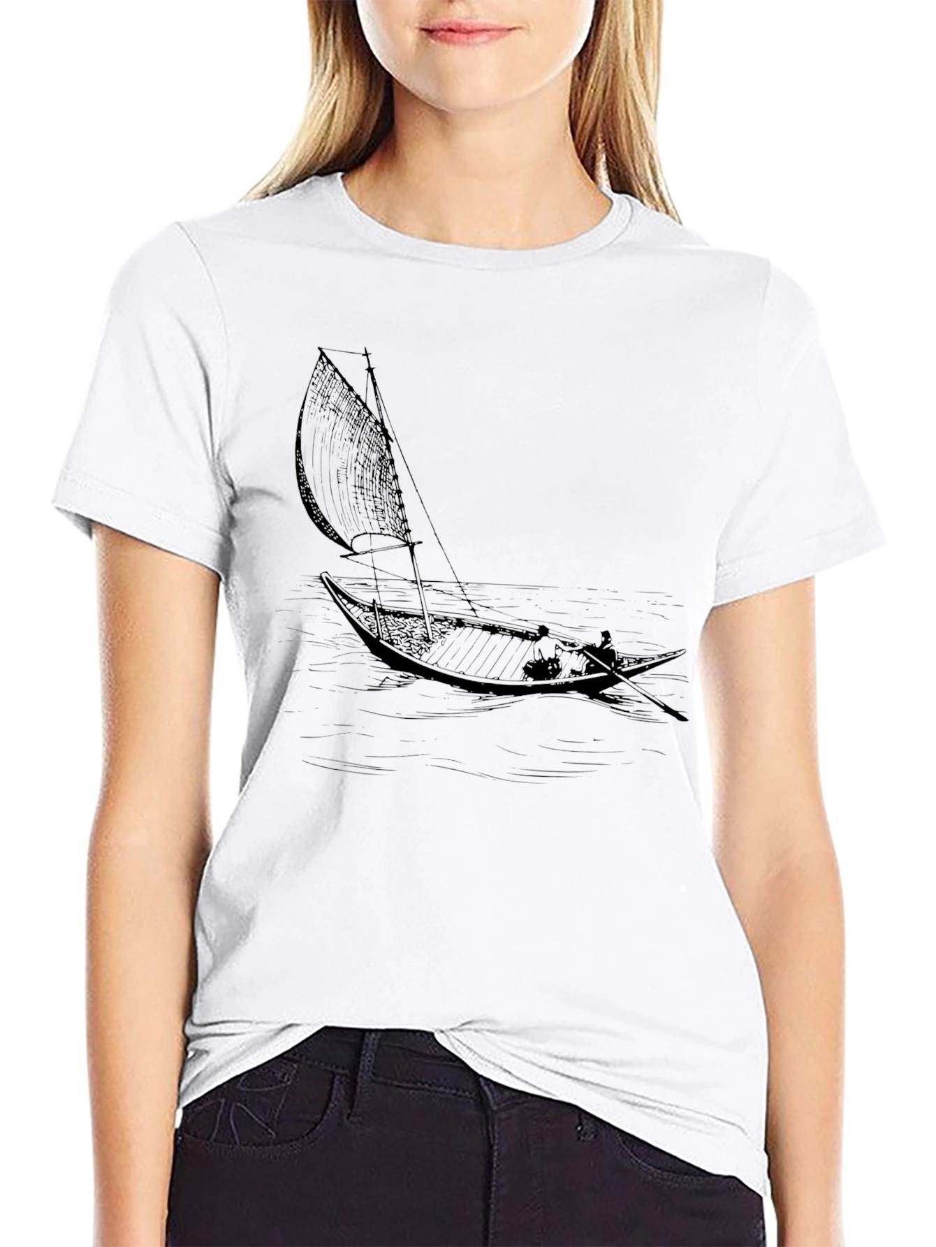 Black T-Shirt with Sailing Boat Graphic