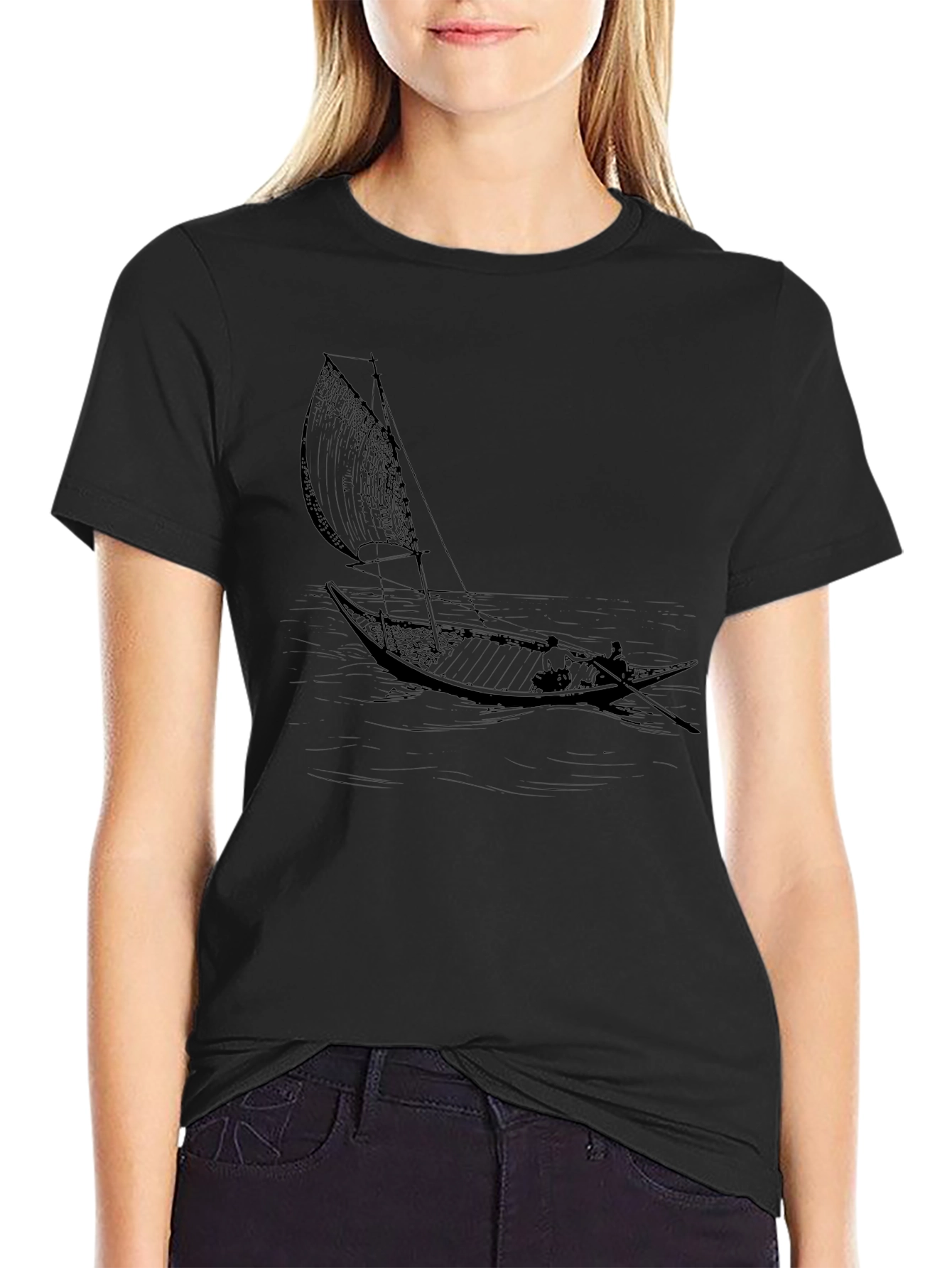 Black T-Shirt with Sailing Boat Graphic