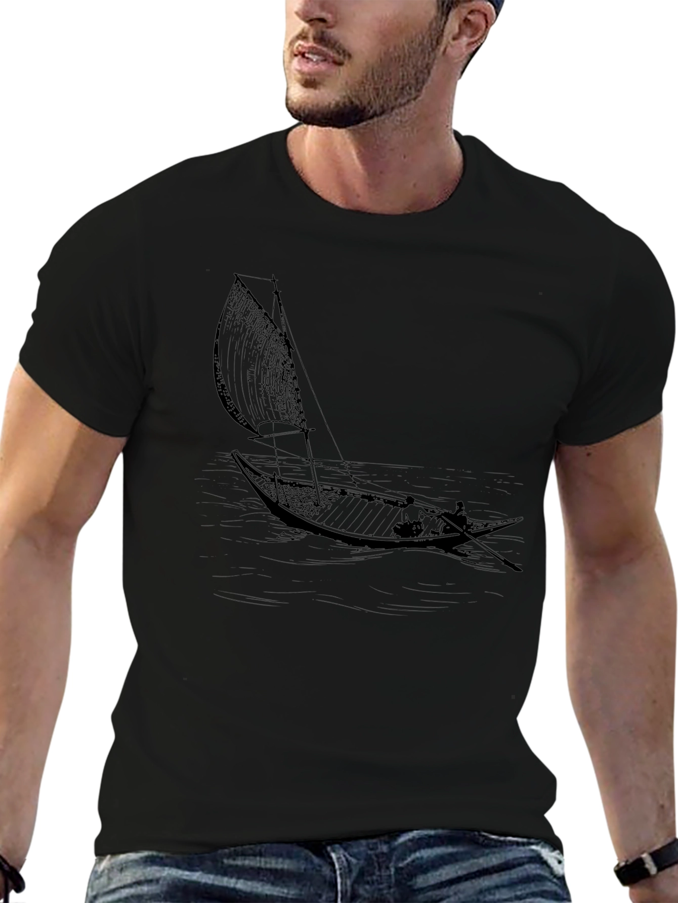 Black T-Shirt with Sailing Boat Graphic