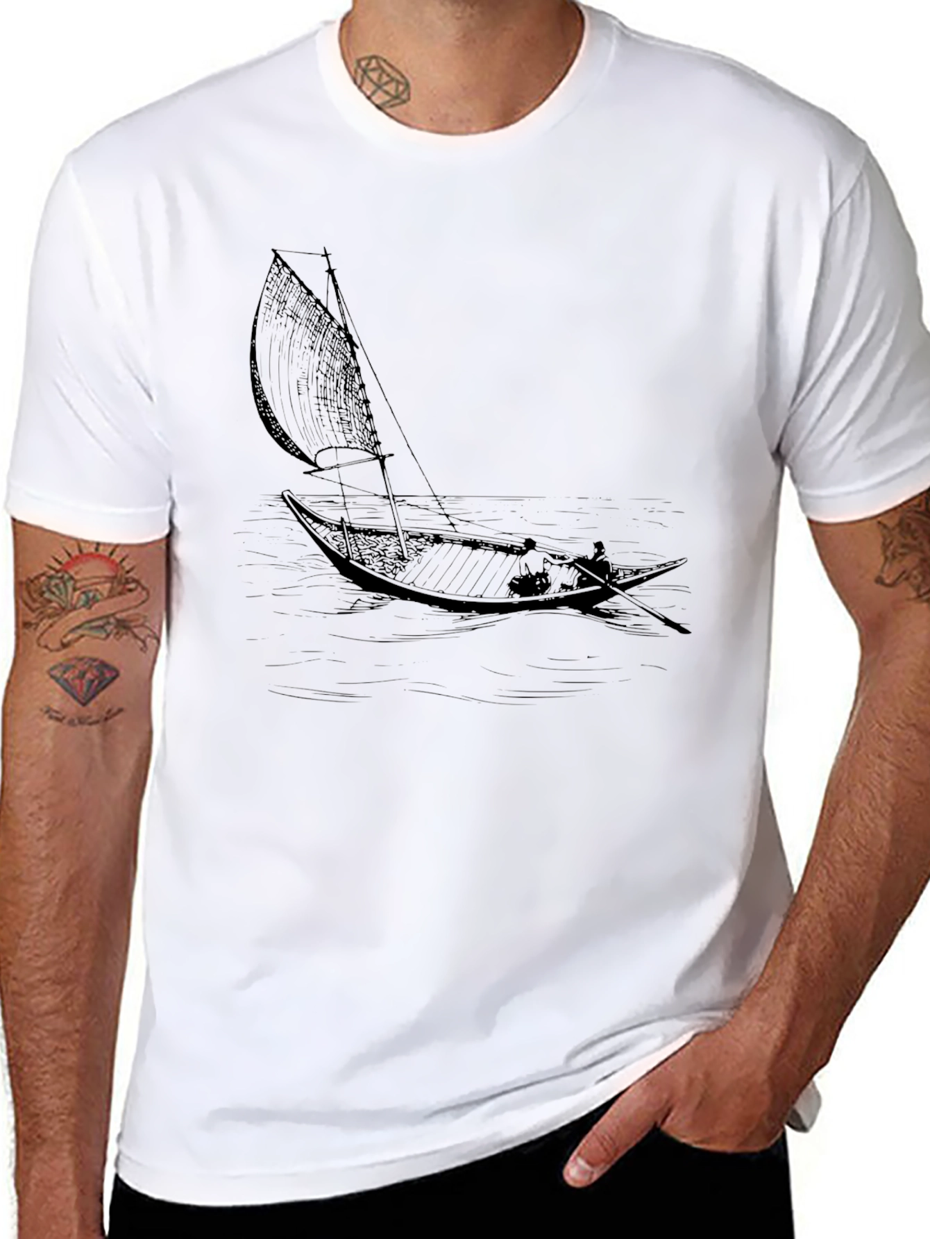 Black T-Shirt with Sailing Boat Graphic