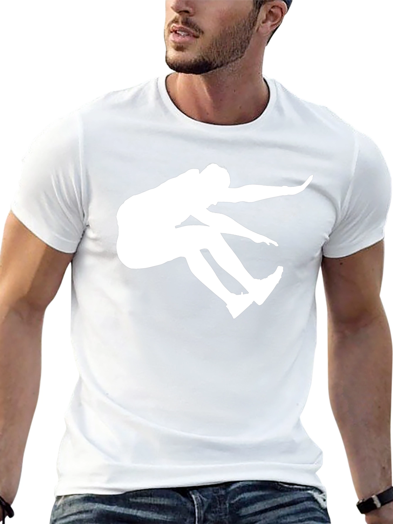 Black T-Shirt with White Long Jump Silhouette