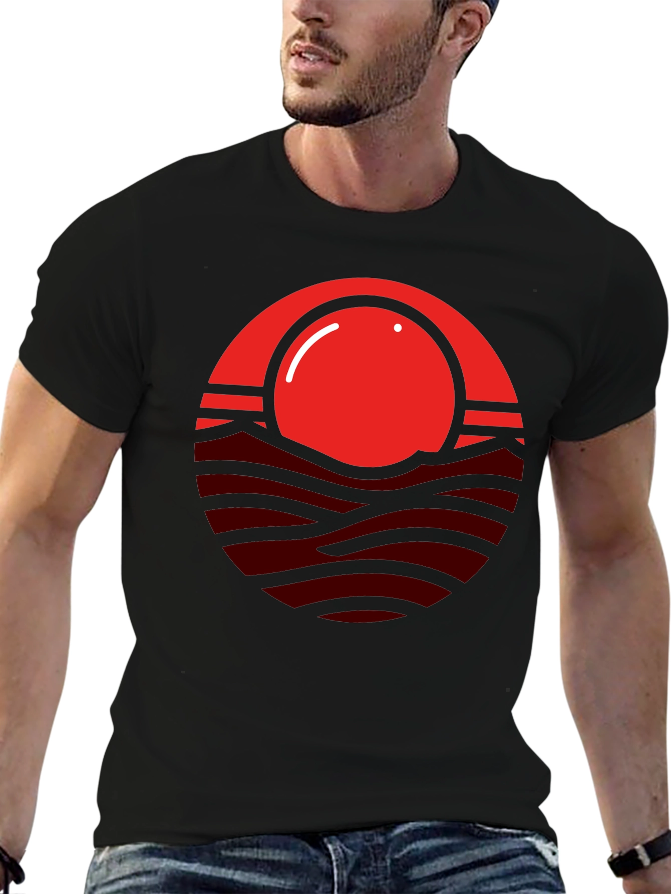 Red Sunset Graphic Print Mens Black T-Shirt