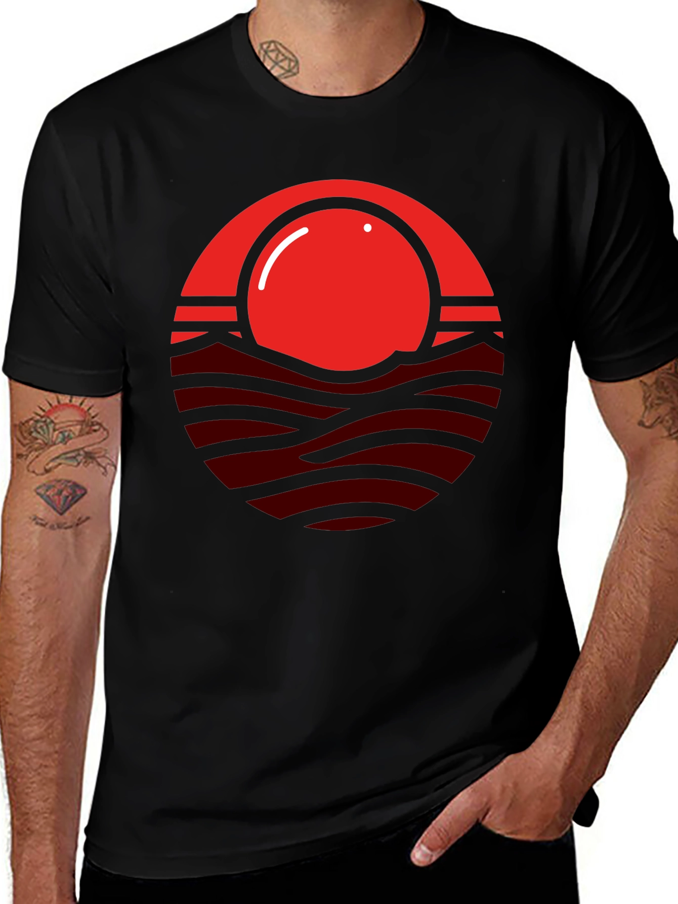 Red Sunset Graphic Print Mens Black T-Shirt