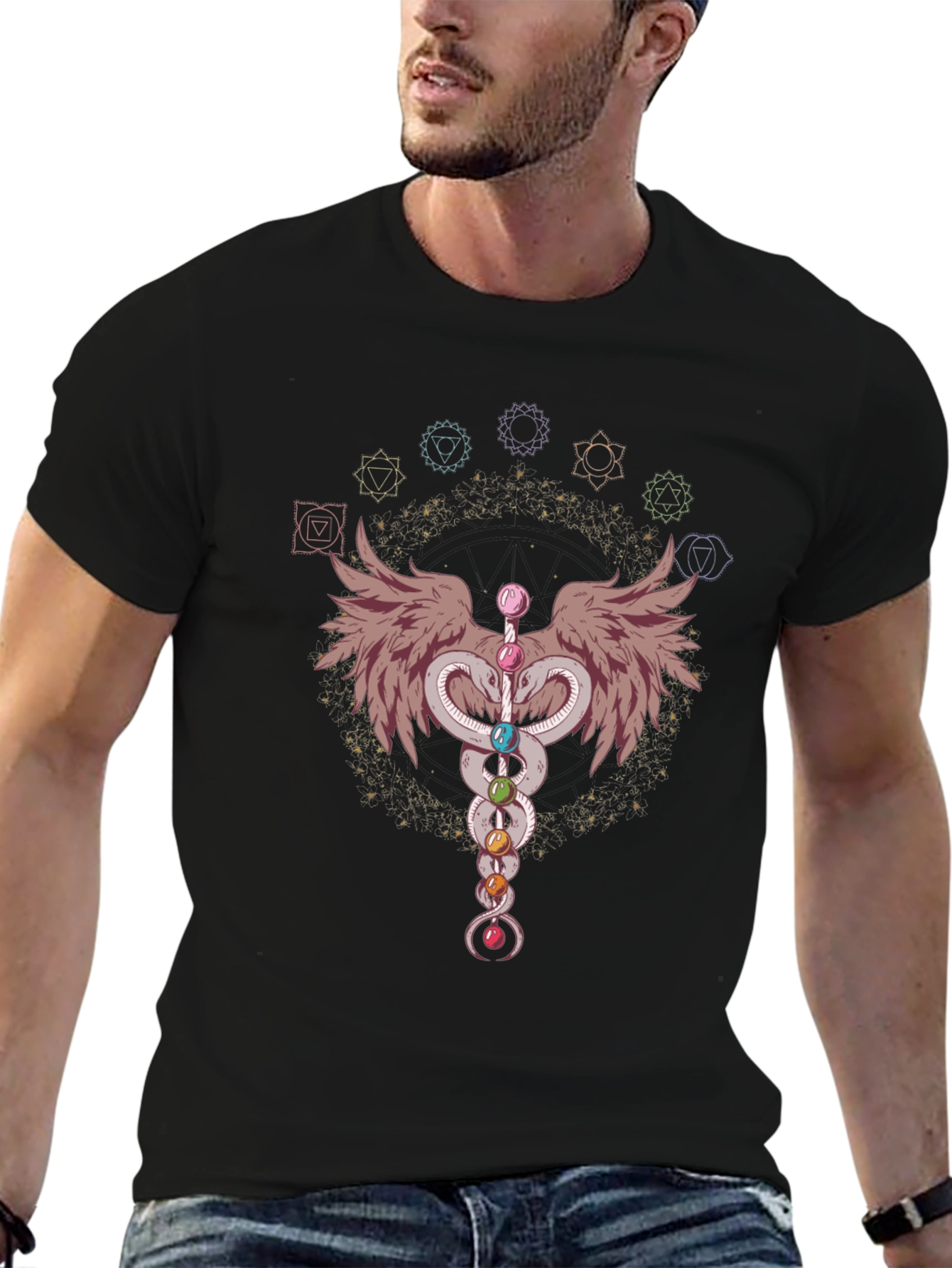 Chakra Snakes & Wings Graphic T-Shirt - Black