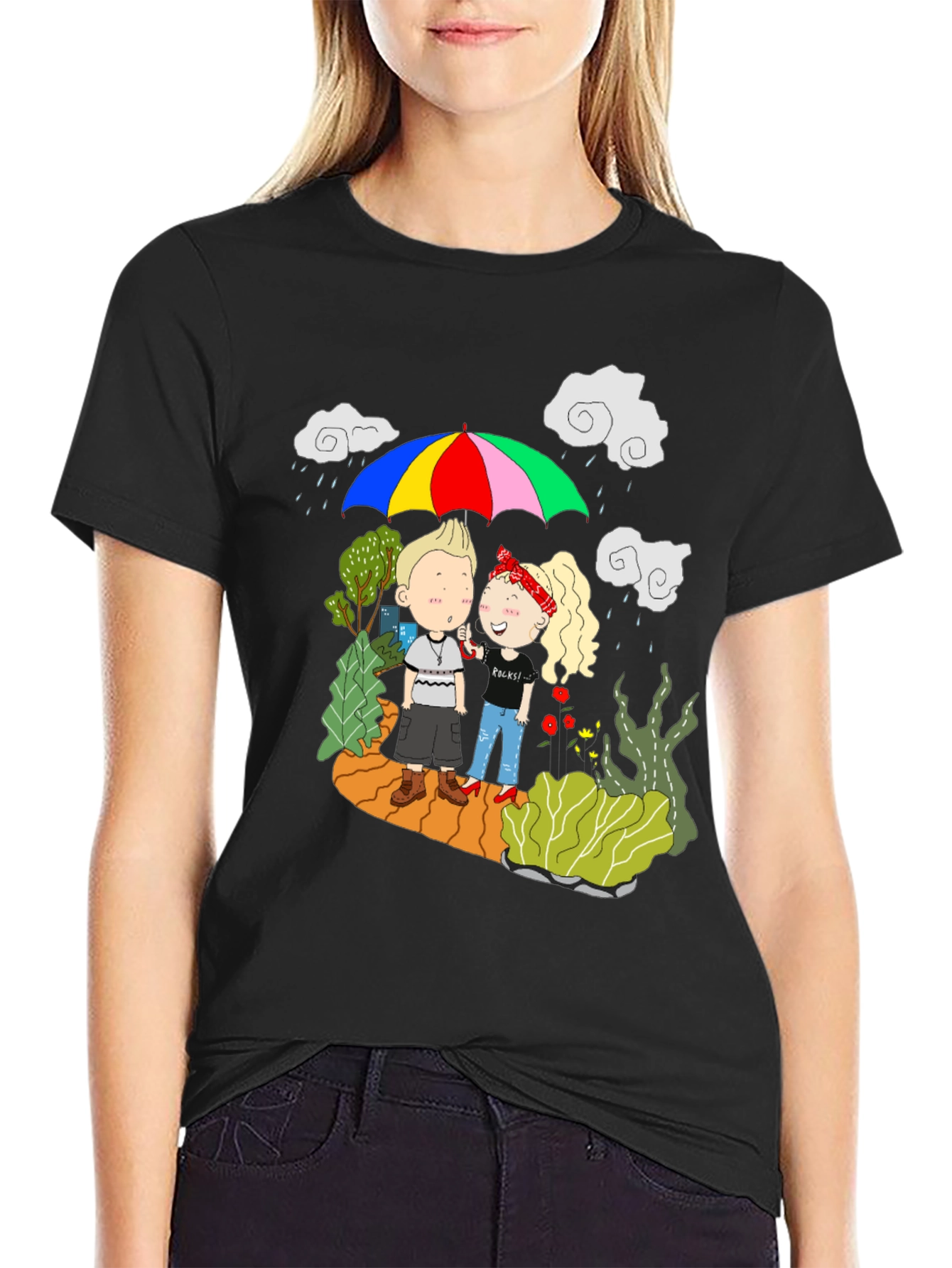 Couple Under Umbrella Black T-Shirt