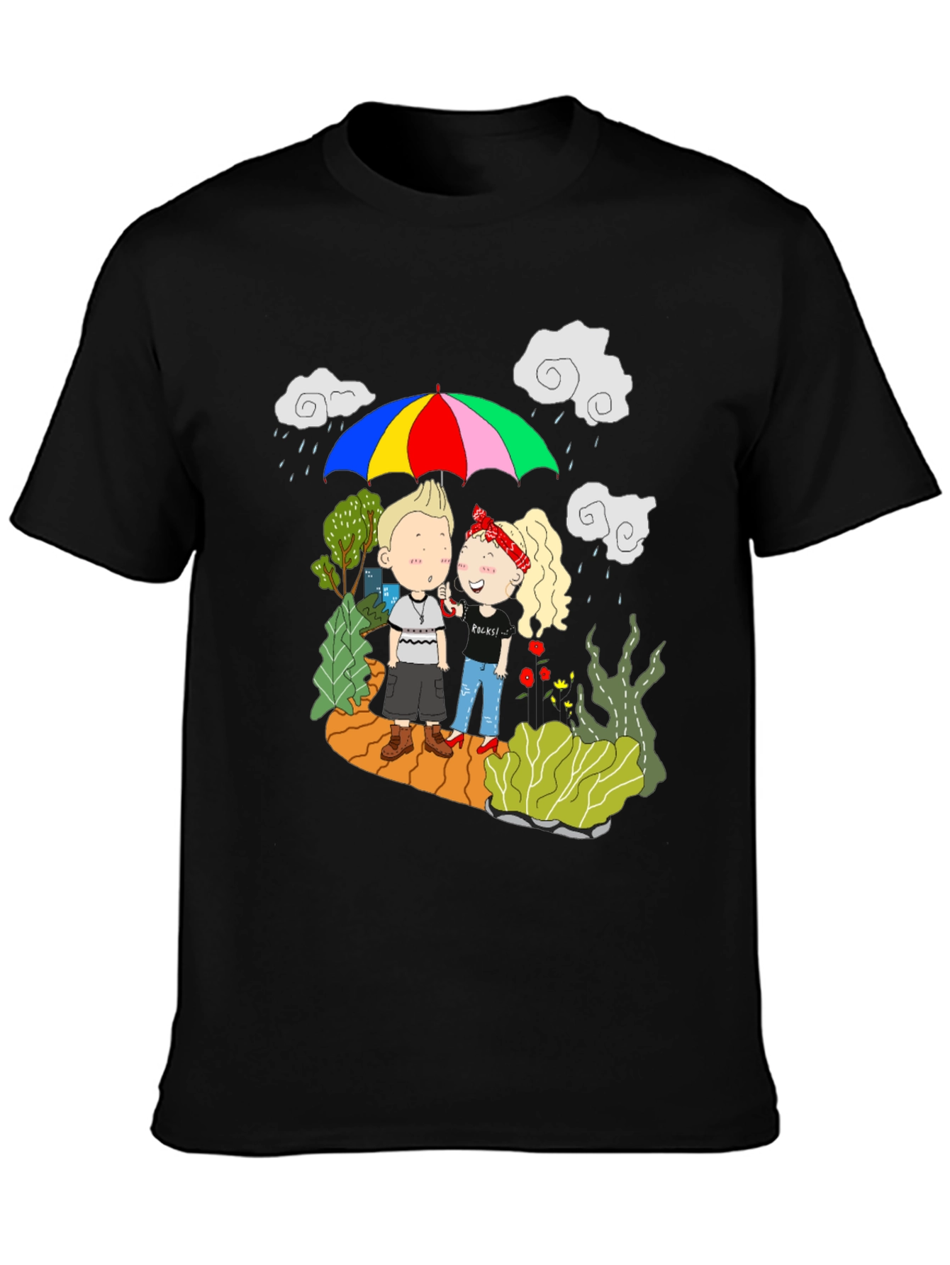 Couple Under Umbrella Black T-Shirt