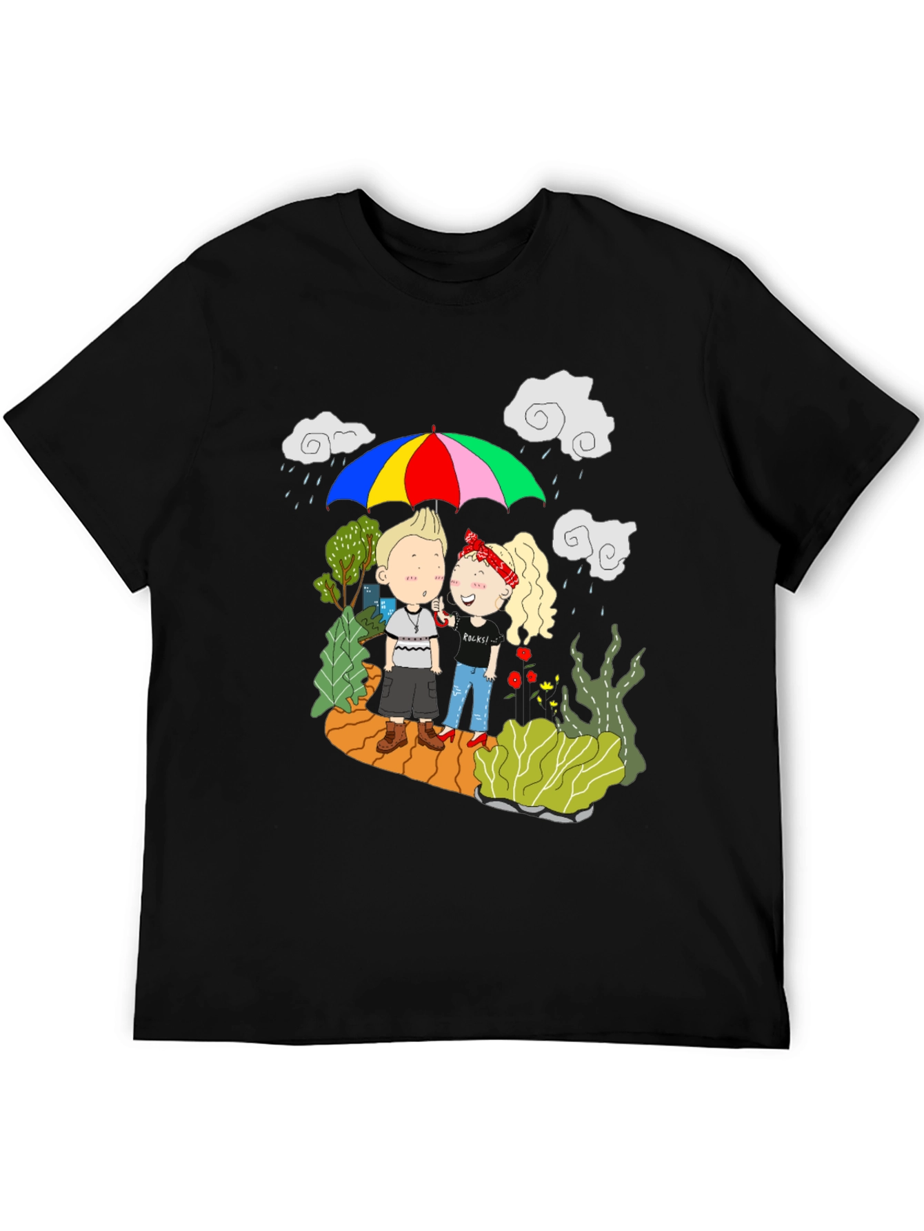 Couple Under Umbrella Black T-Shirt