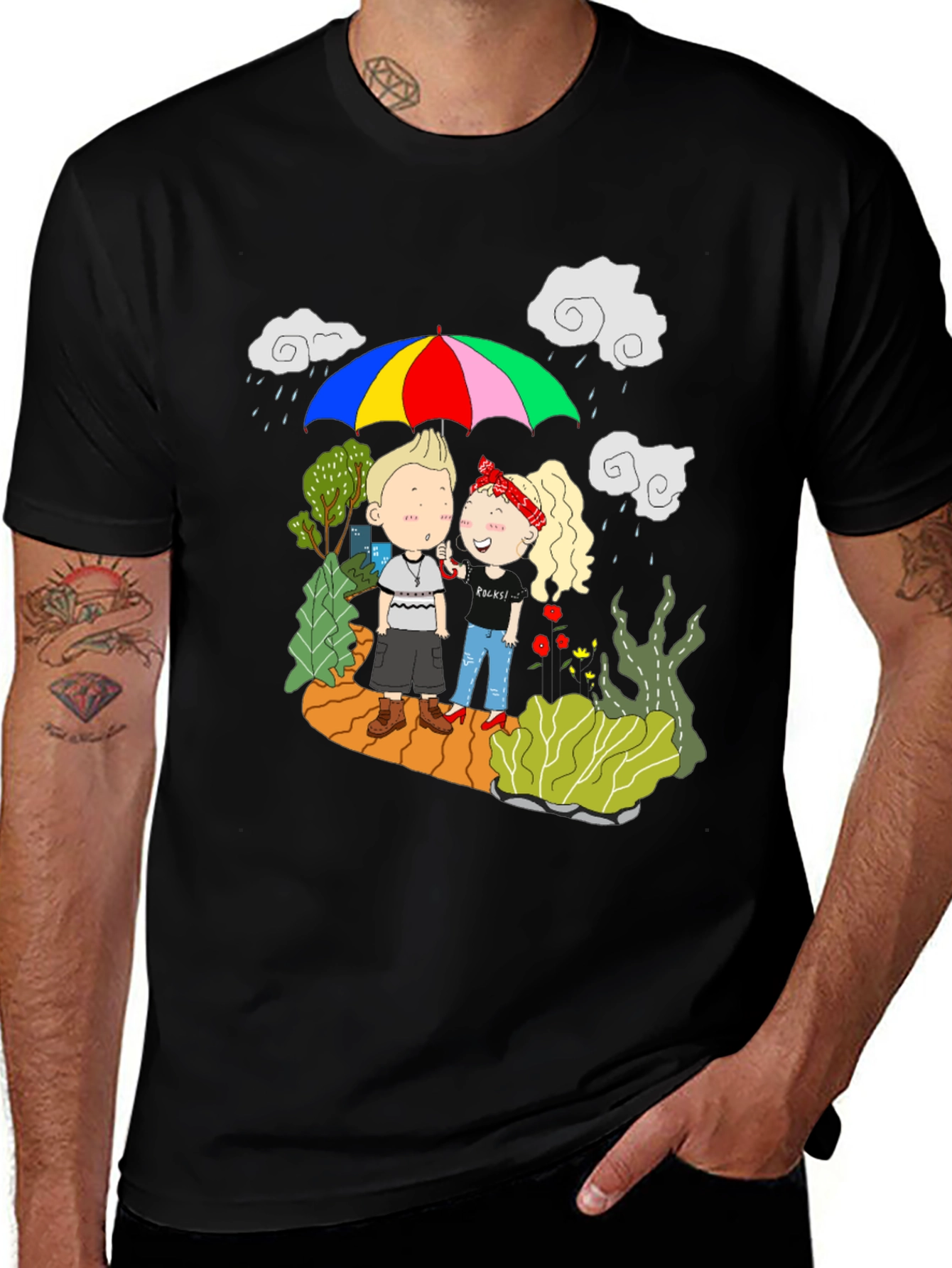 Couple Under Umbrella Black T-Shirt