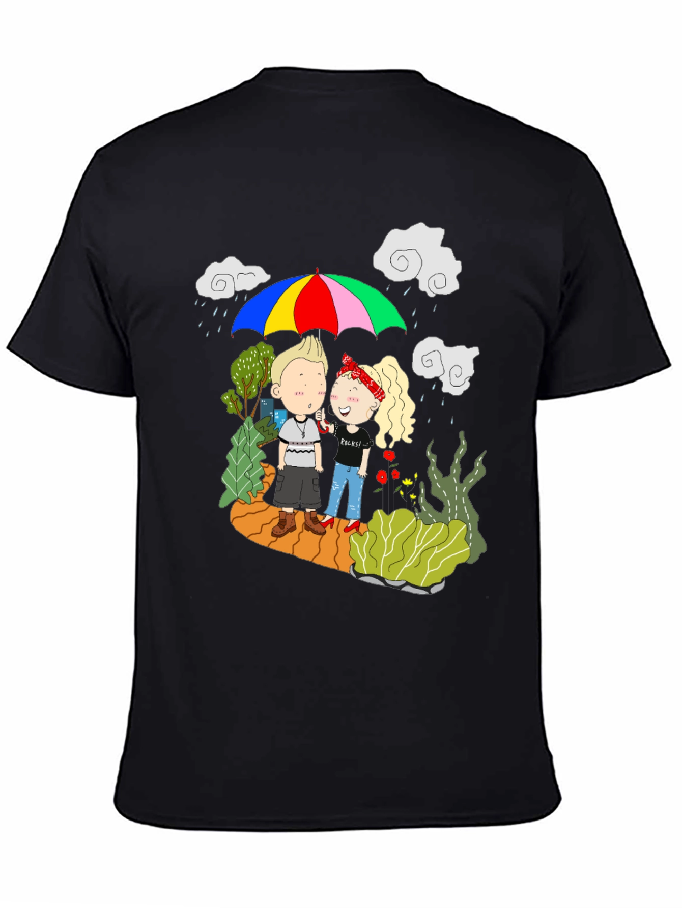 Couple Under Umbrella Black T-Shirt