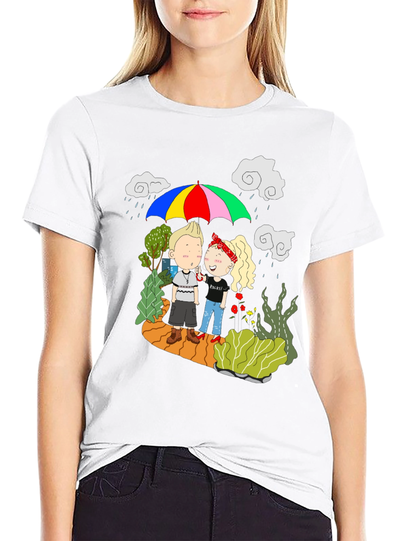 Couple Under Umbrella Black T-Shirt