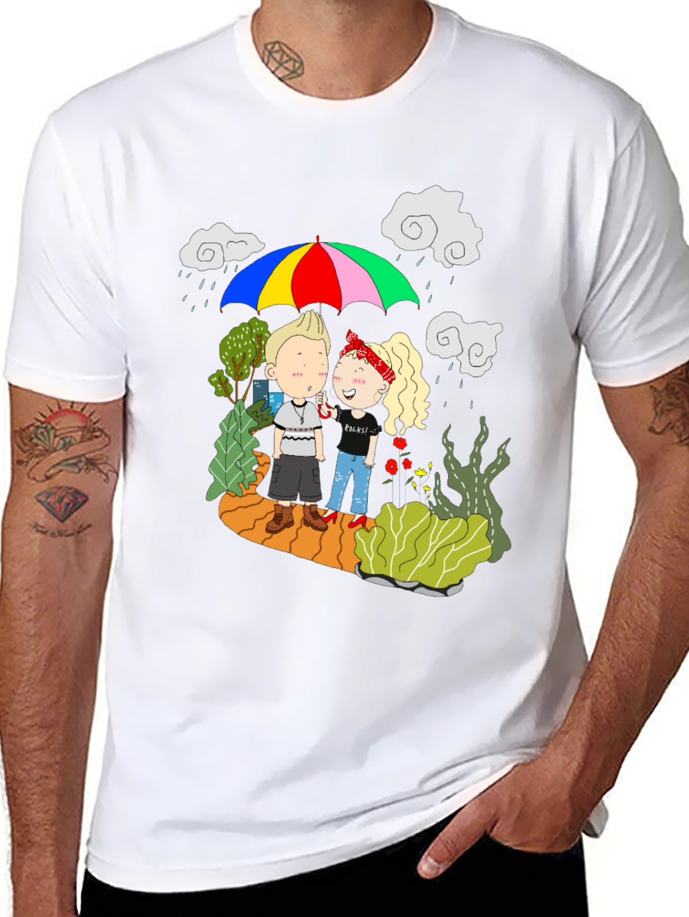 Couple Under Umbrella Black T-Shirt