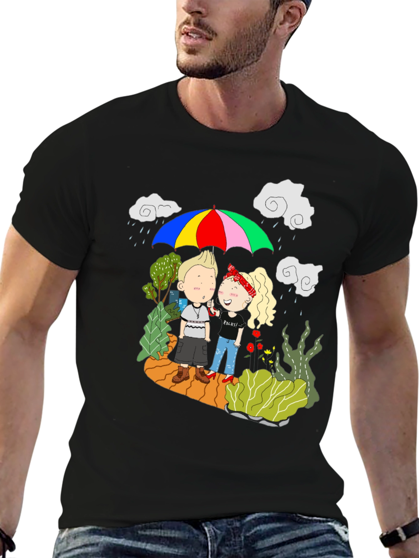 Couple Under Umbrella Black T-Shirt