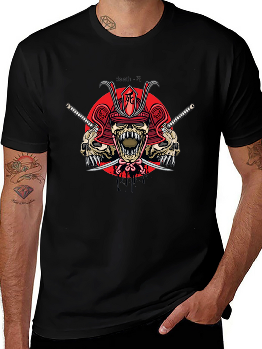 Samurai Skull Graphic Print Black T-Shirt