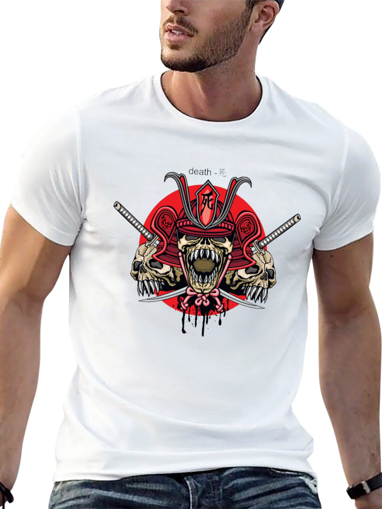 Samurai Skull Graphic Print Black T-Shirt