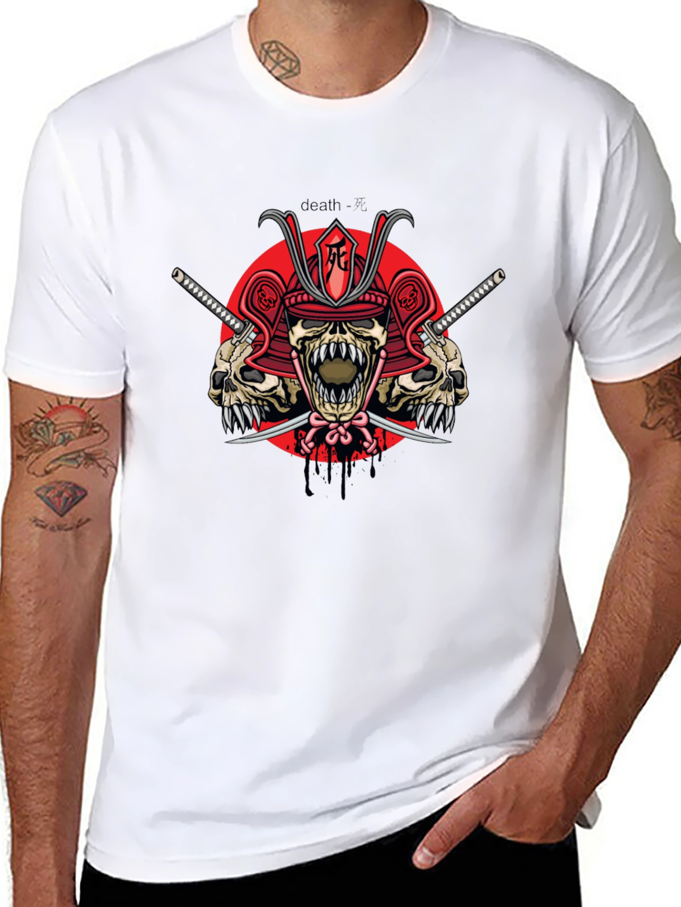 Samurai Skull Graphic Print Black T-Shirt