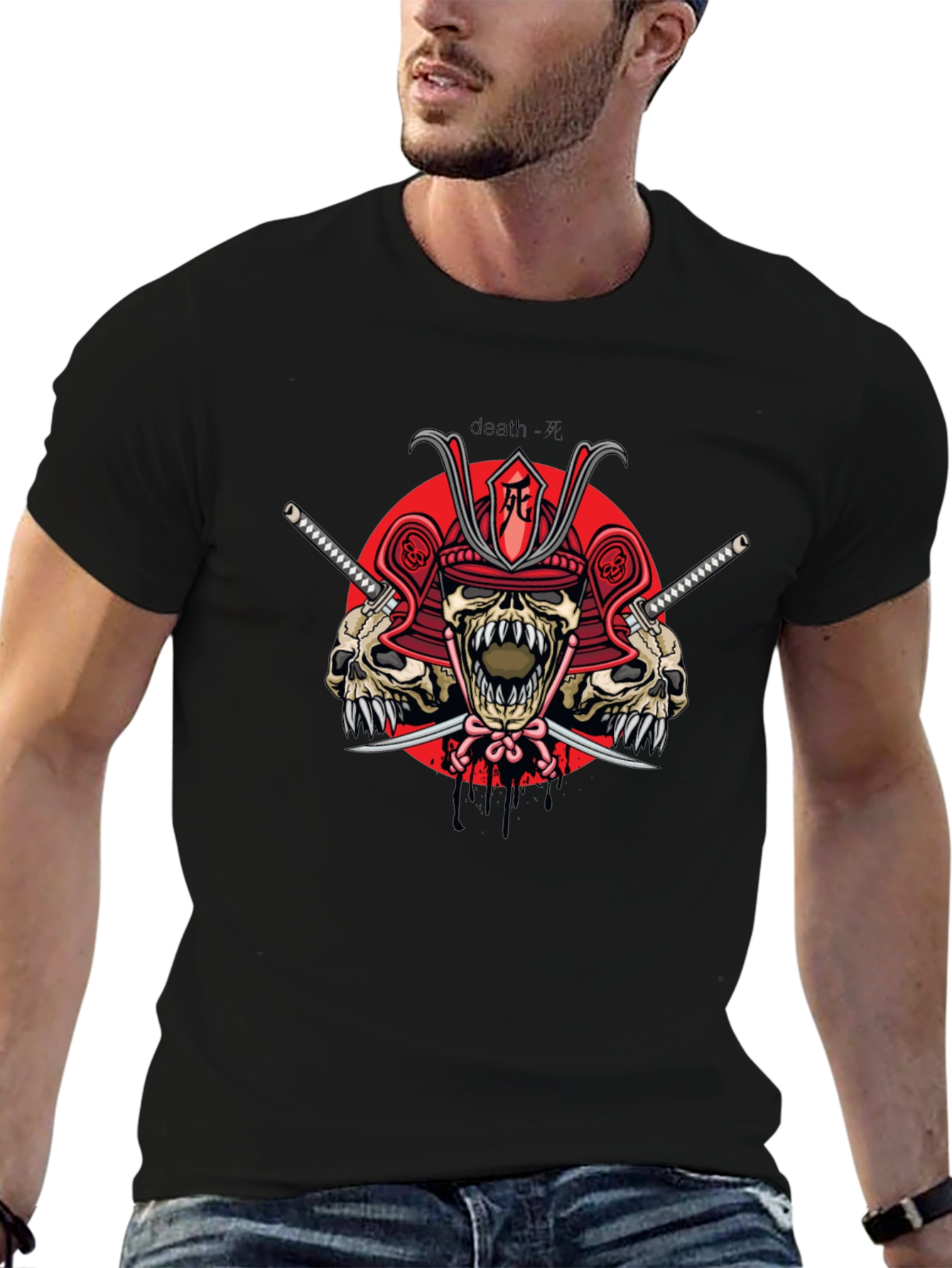 Samurai Skull Graphic Print Black T-Shirt