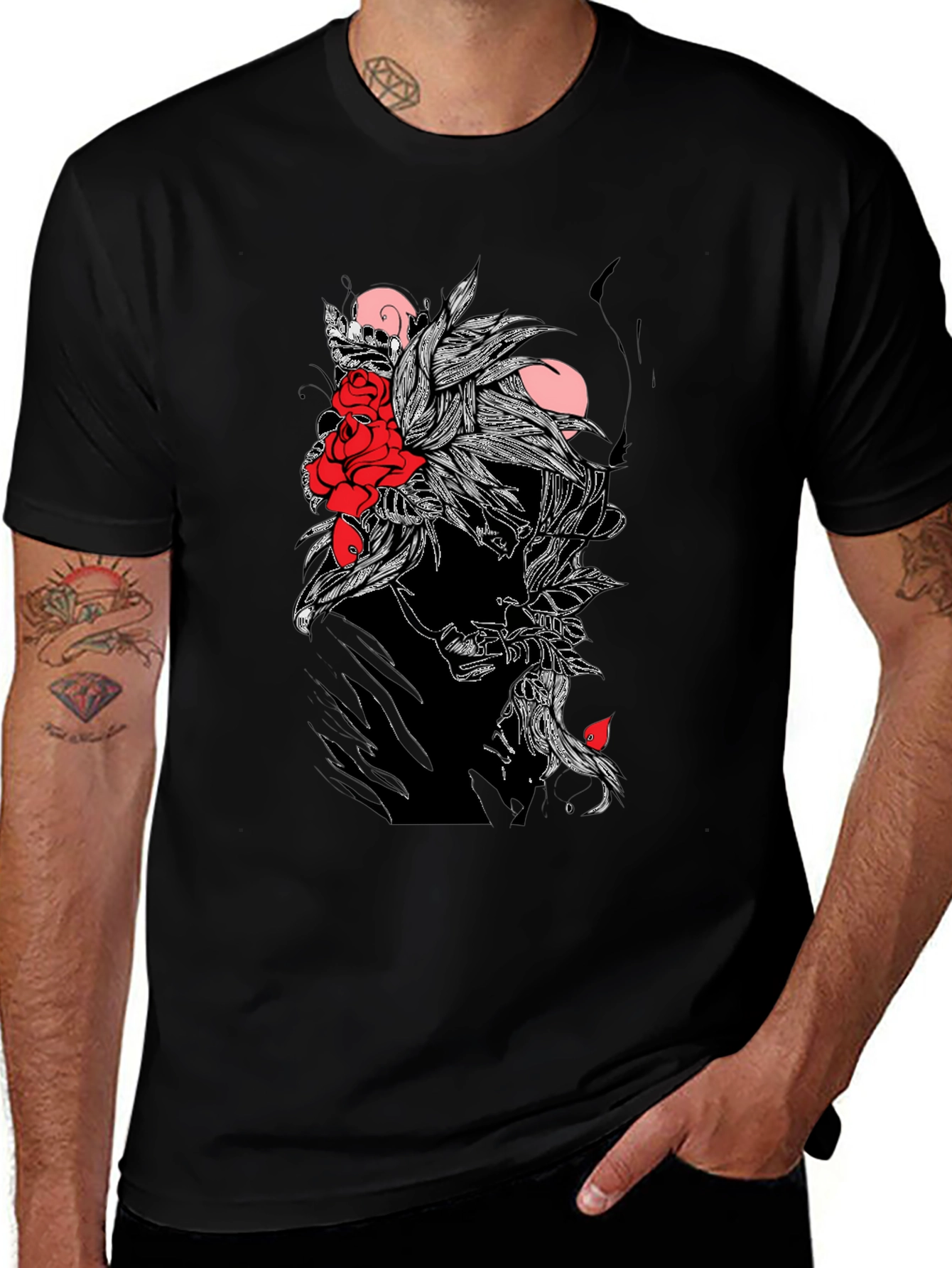 Black Graphic Tee with Skull & Roses