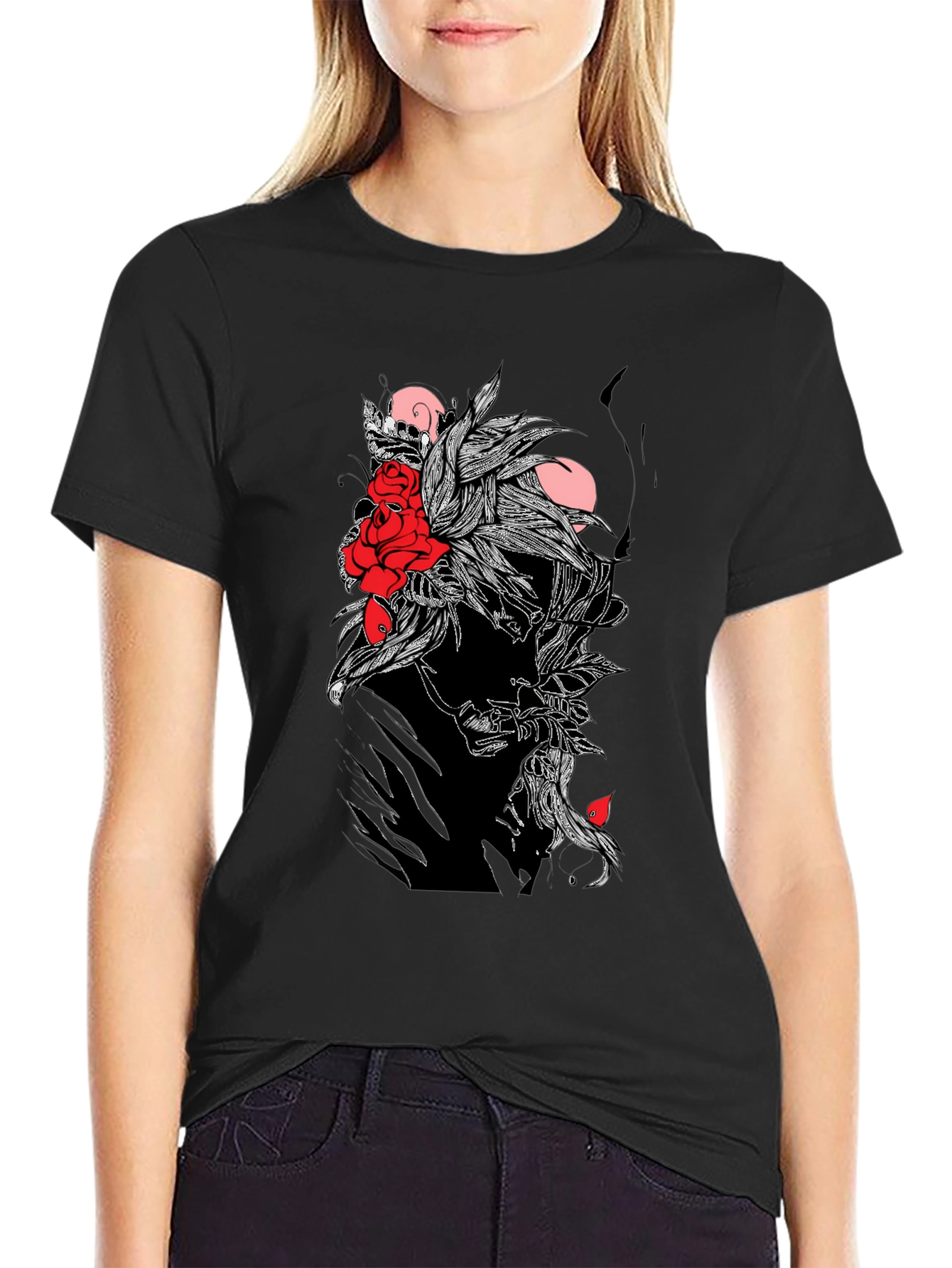 Black Graphic Tee with Skull & Roses