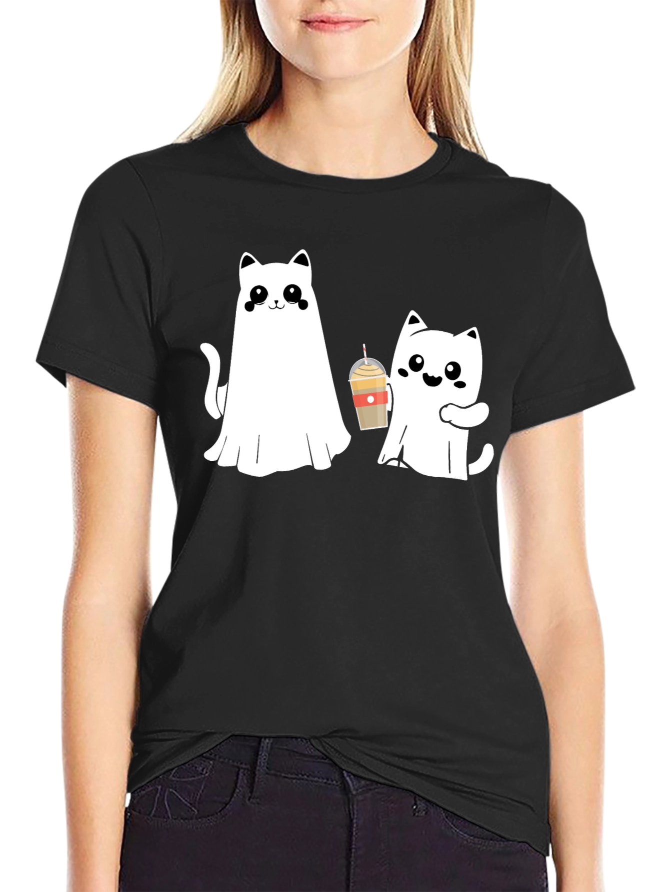 Ghost Cat and Coffee Black T-Shirt