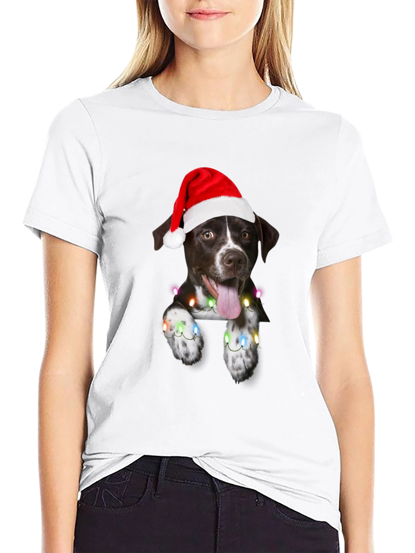 Festive Dog Tee - Christmas Lights & Santa Hat