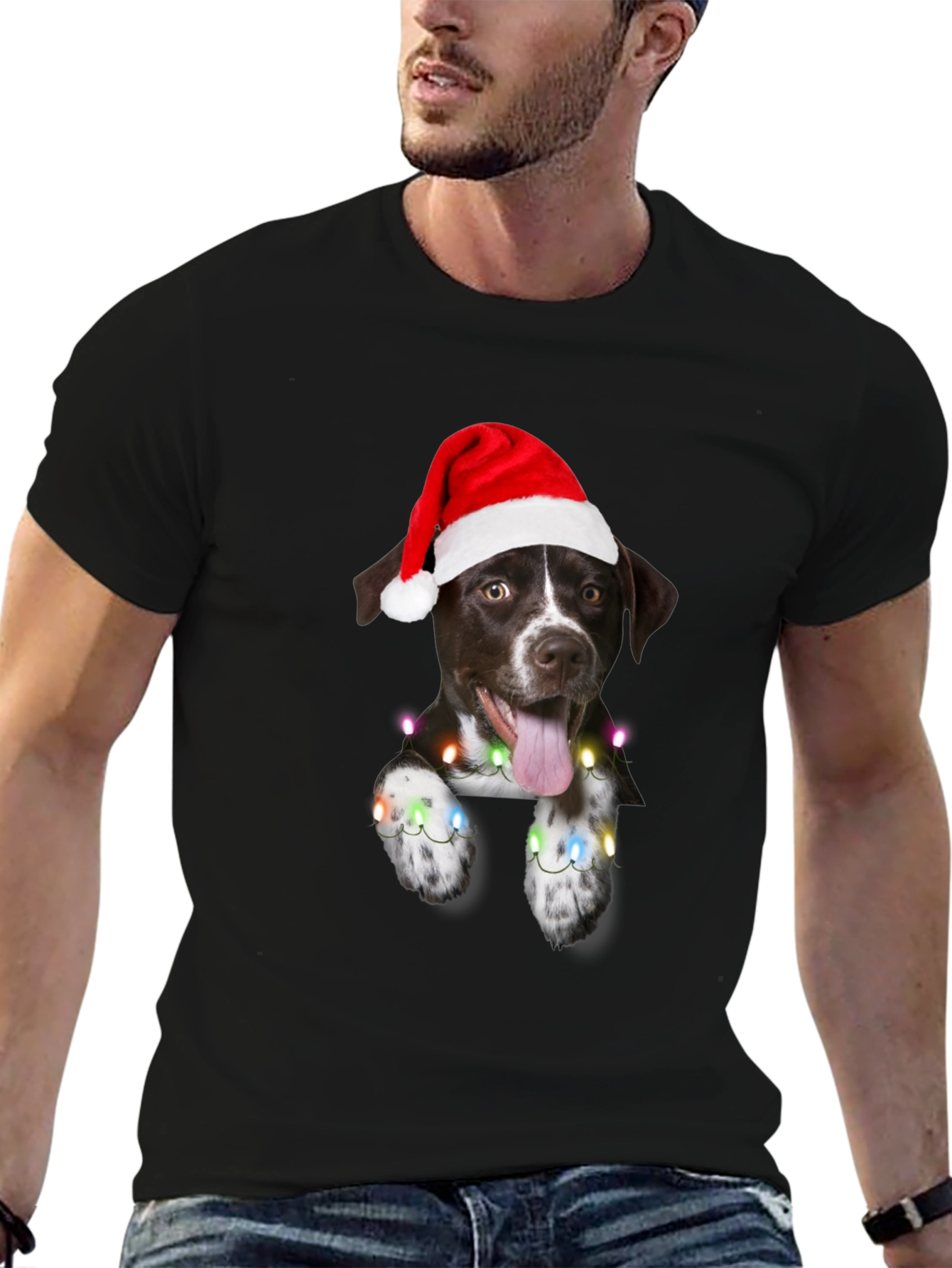 Festive Dog Tee - Christmas Lights & Santa Hat
