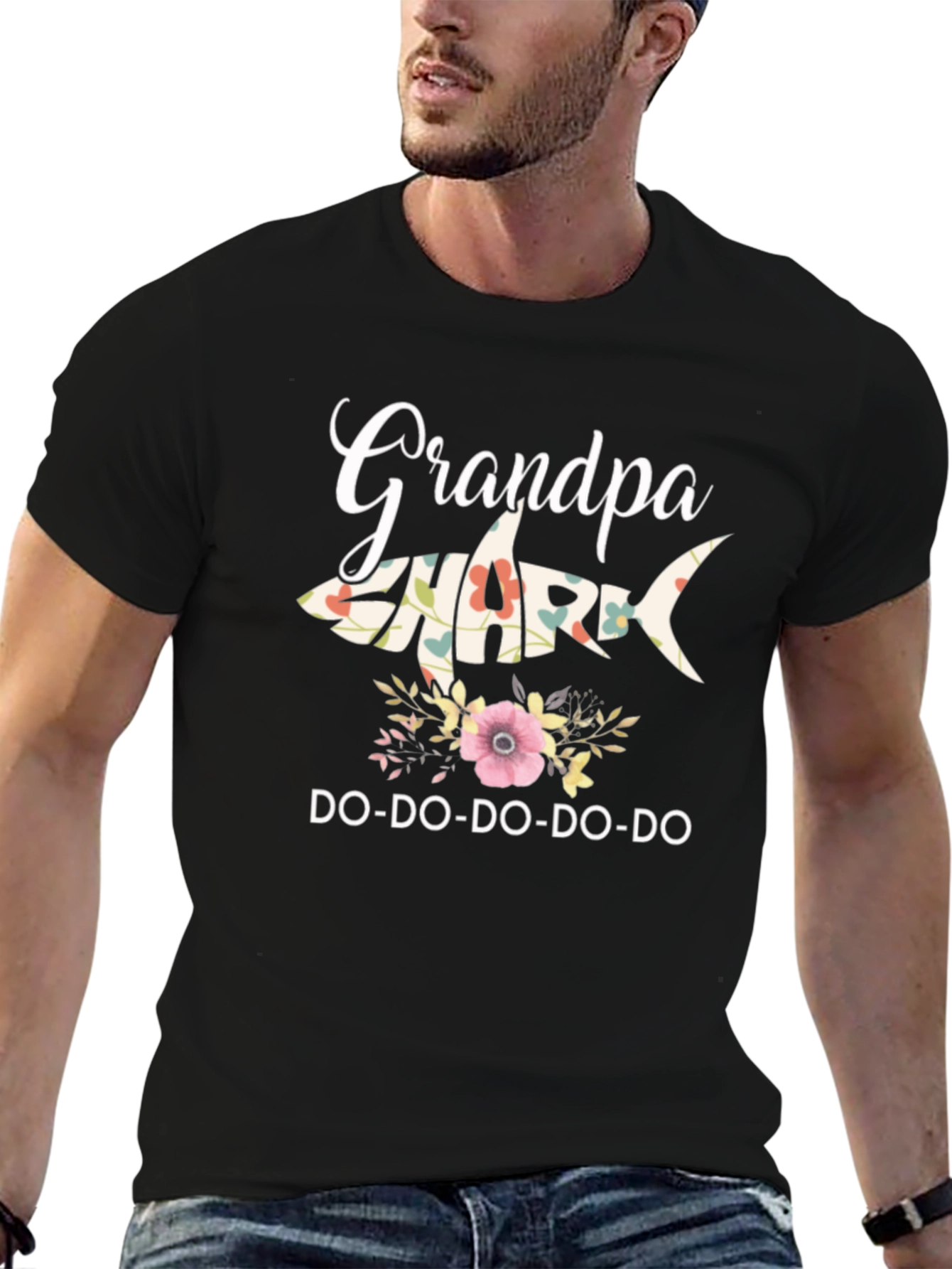 Grandpa Shark Floral Black T-Shirt