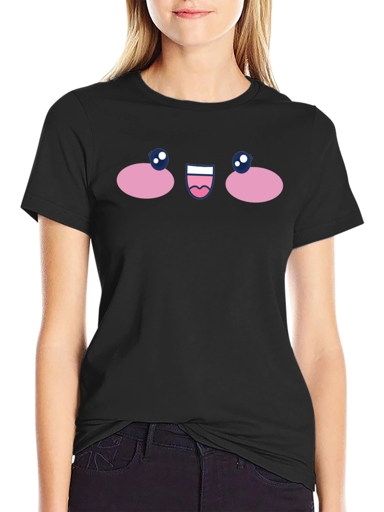 Cute Anime Face Graphic T-Shirt - Black