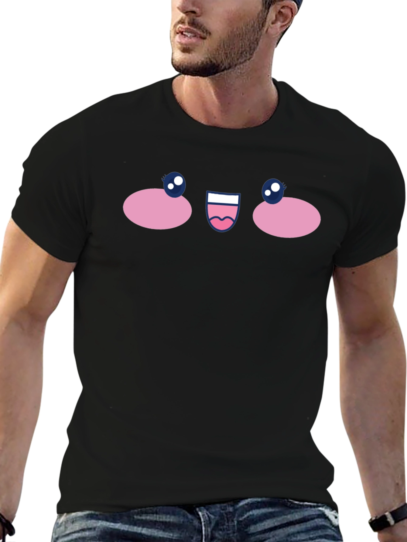 Cute Anime Face Graphic T-Shirt - Black