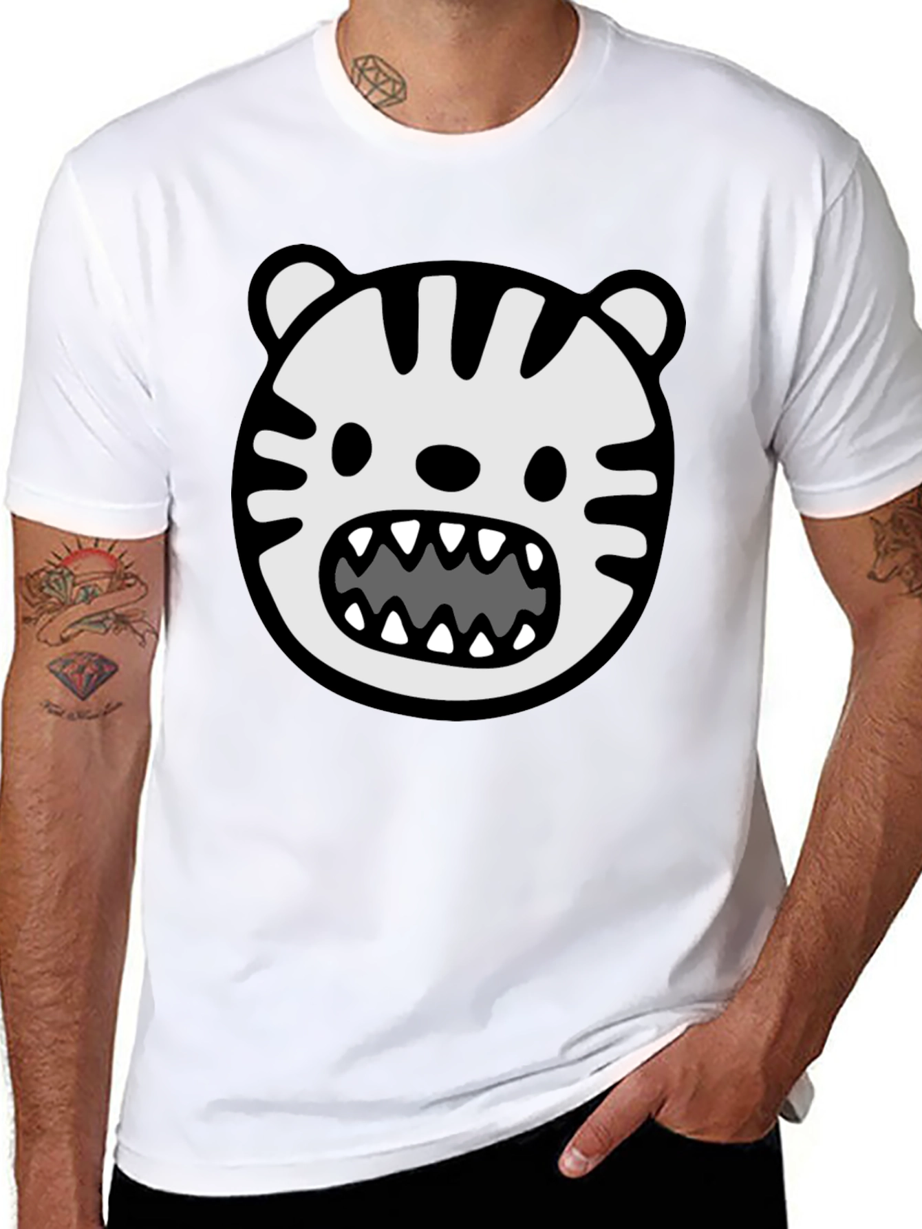 Cartoon Tiger Graphic T-Shirt - Bold Black Tee