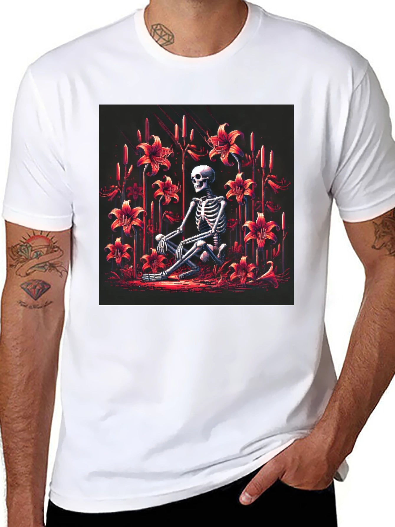 Skeleton in Floral Garden Graphic T-Shirt