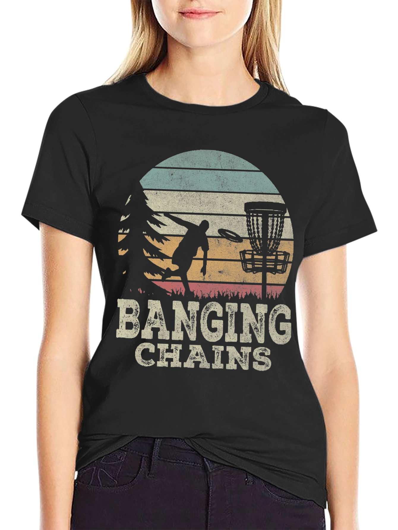 Banging Chains Disc Golf T-Shirt Retro Sunset Design
