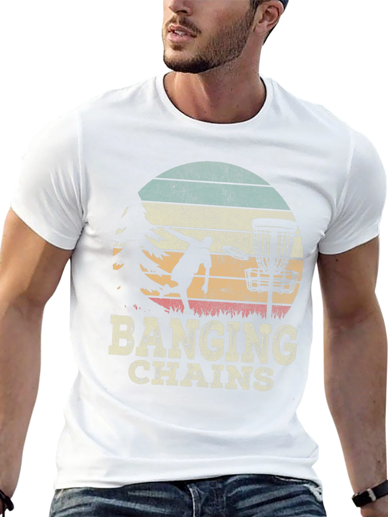 Banging Chains Disc Golf T-Shirt Retro Sunset Design
