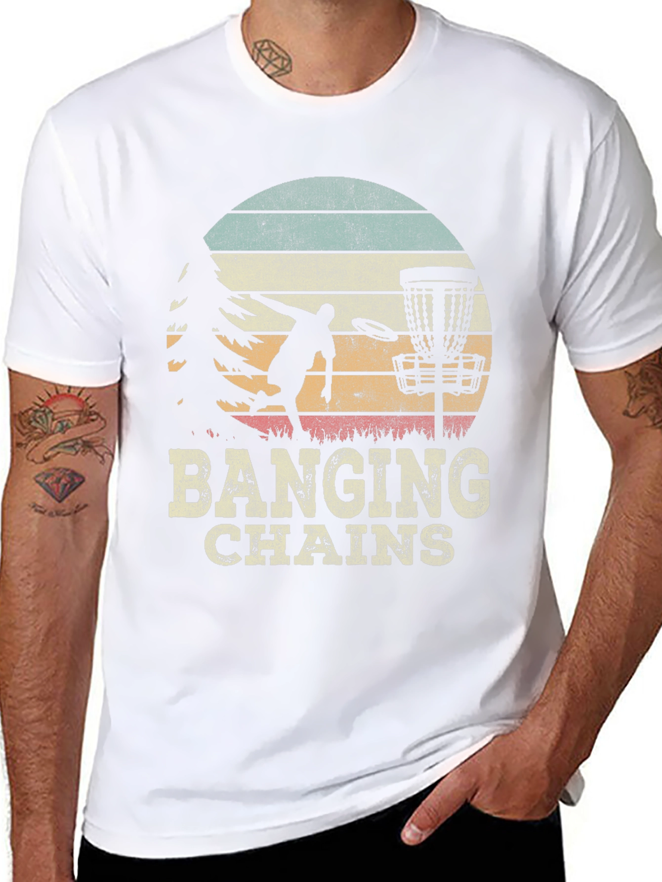 Banging Chains Disc Golf T-Shirt Retro Sunset Design