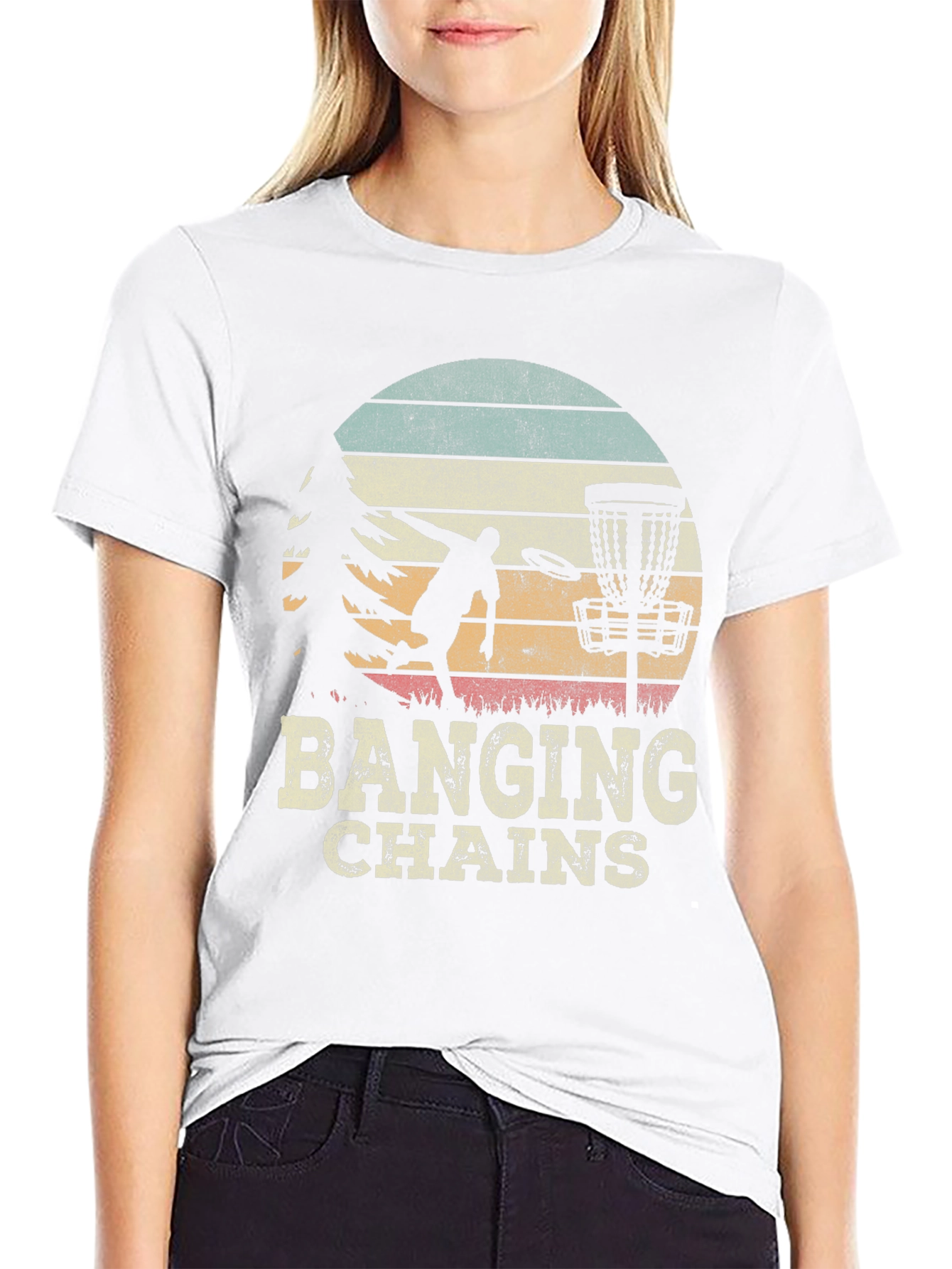 Banging Chains Disc Golf T-Shirt Retro Sunset Design