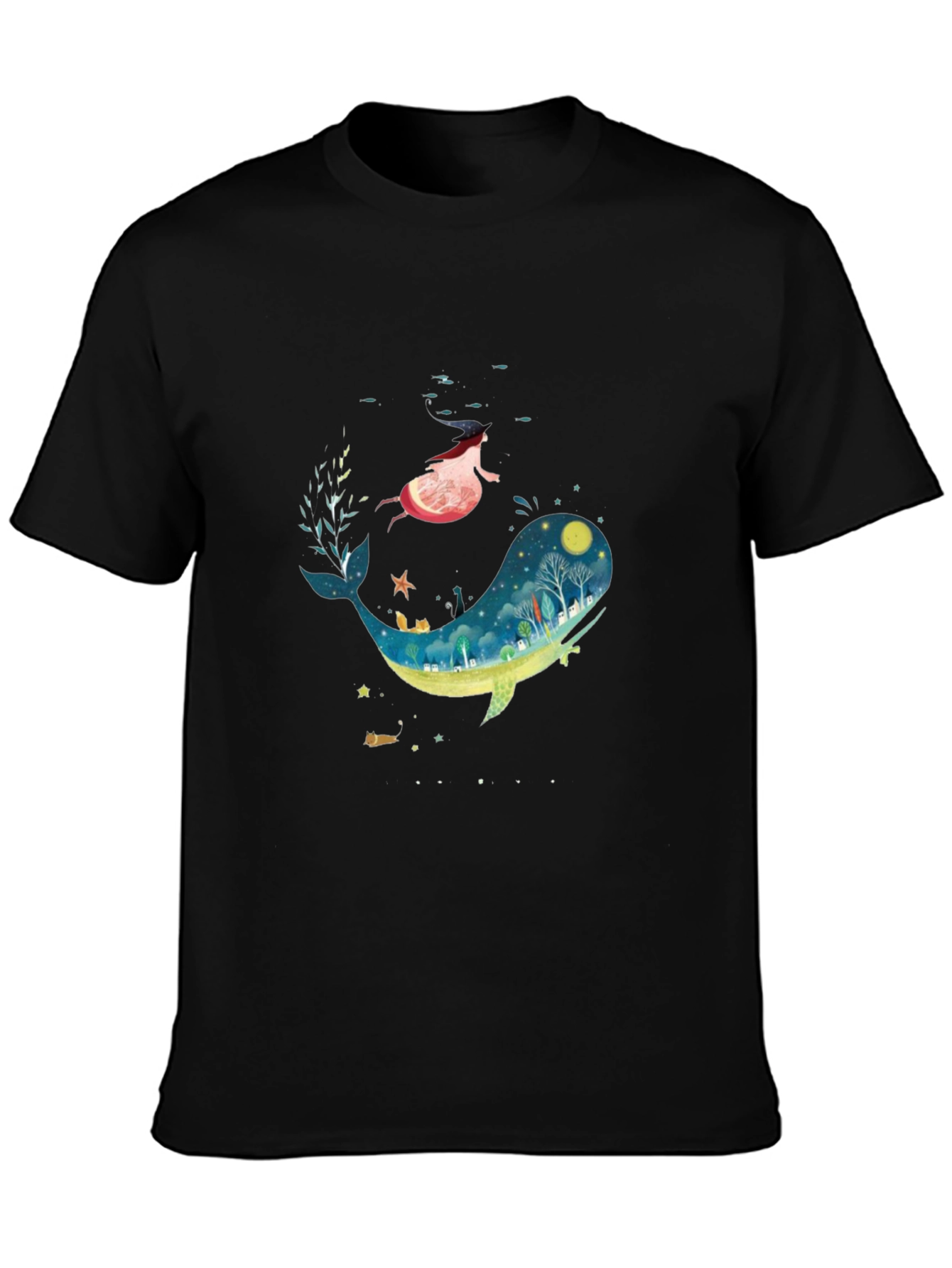 Whimsical Whale & Girl Graphic Black T-Shirt