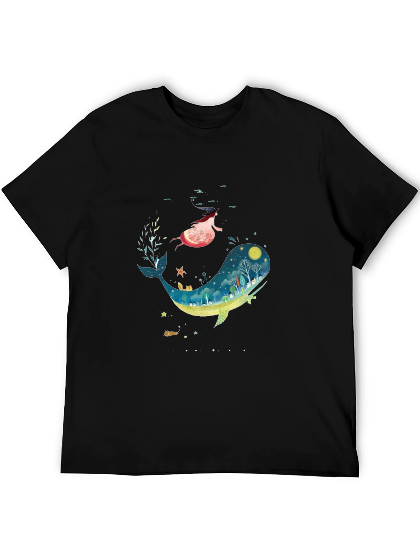 Whimsical Whale & Girl Graphic Black T-Shirt