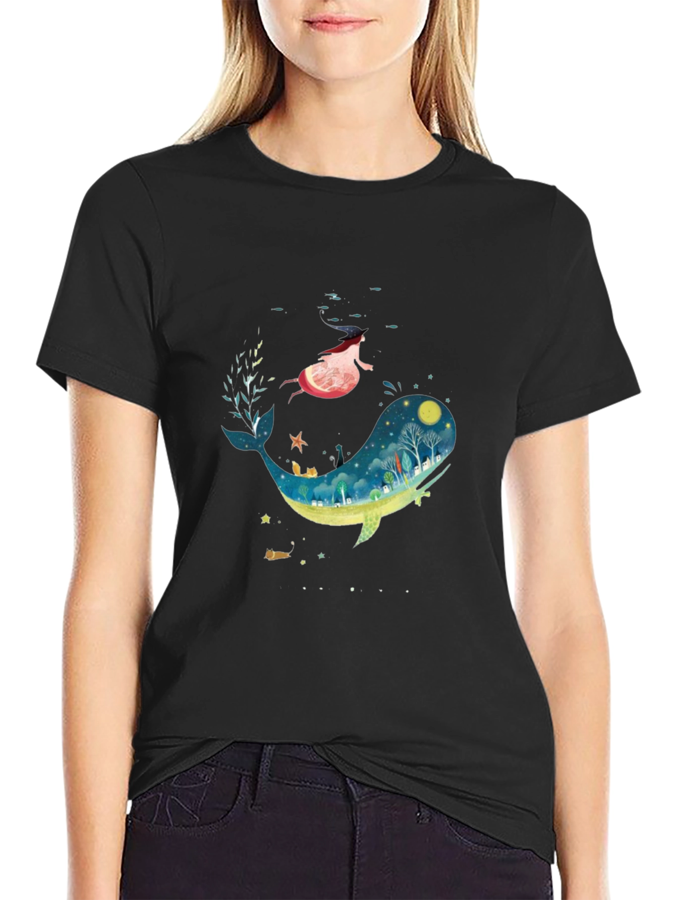 Whimsical Whale & Girl Graphic Black T-Shirt