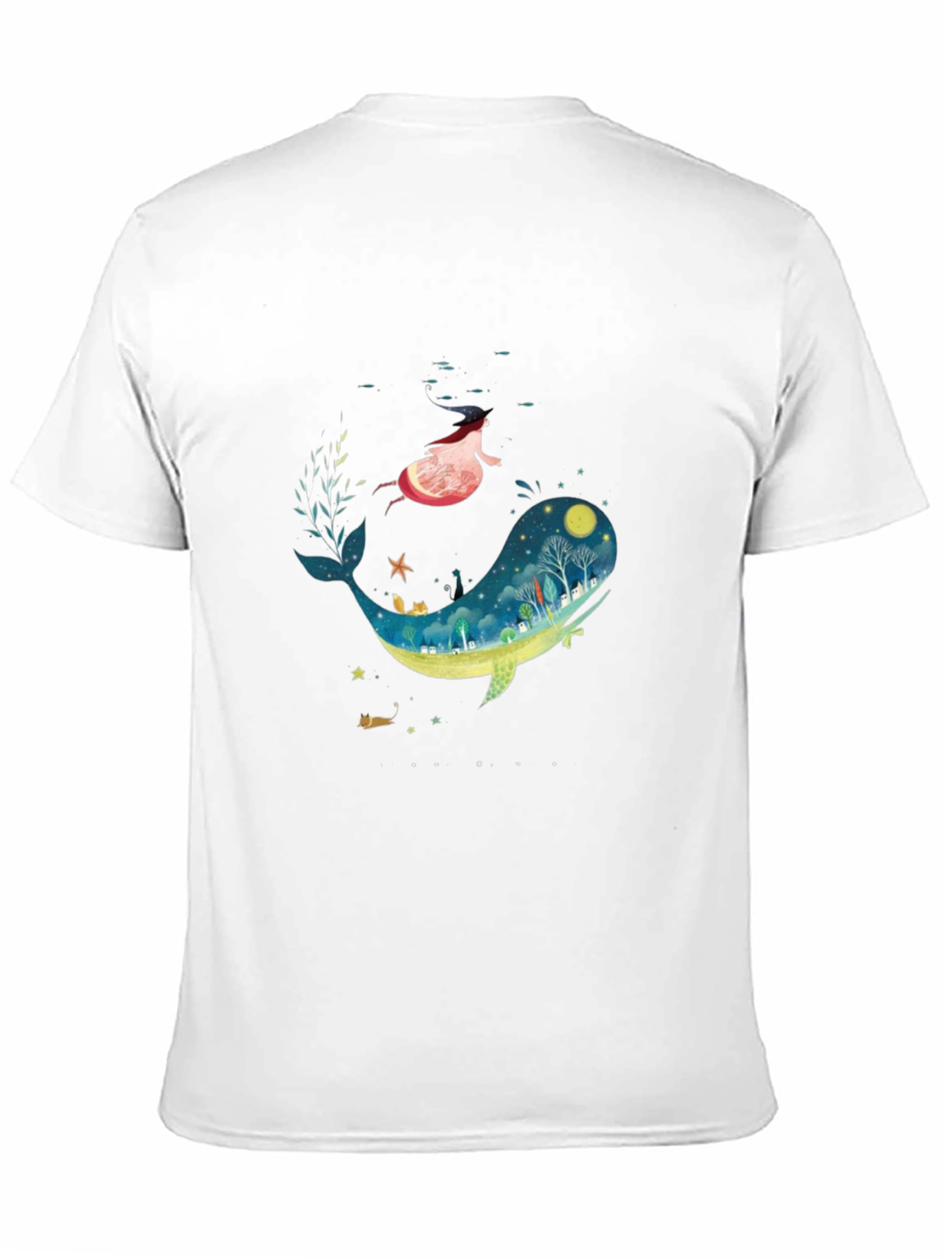 Whimsical Whale & Girl Graphic Black T-Shirt