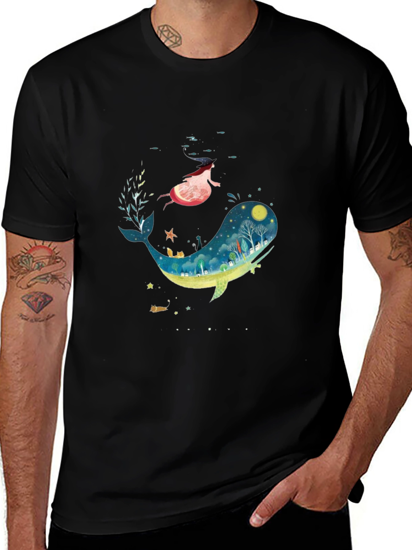 Whimsical Whale & Girl Graphic Black T-Shirt