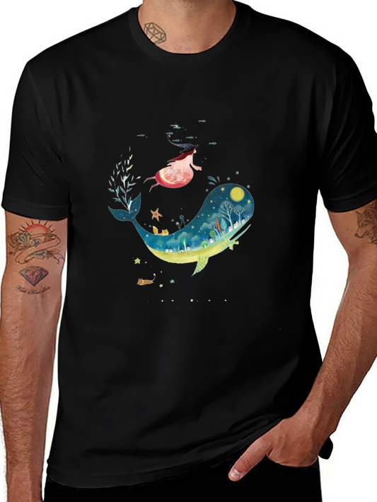 Whimsical Whale & Girl Graphic Black T-Shirt