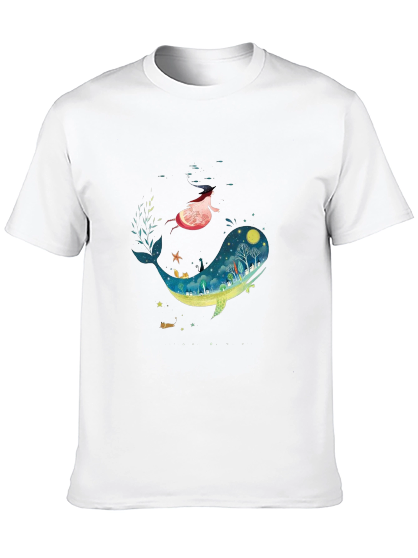 Whimsical Whale & Girl Graphic Black T-Shirt