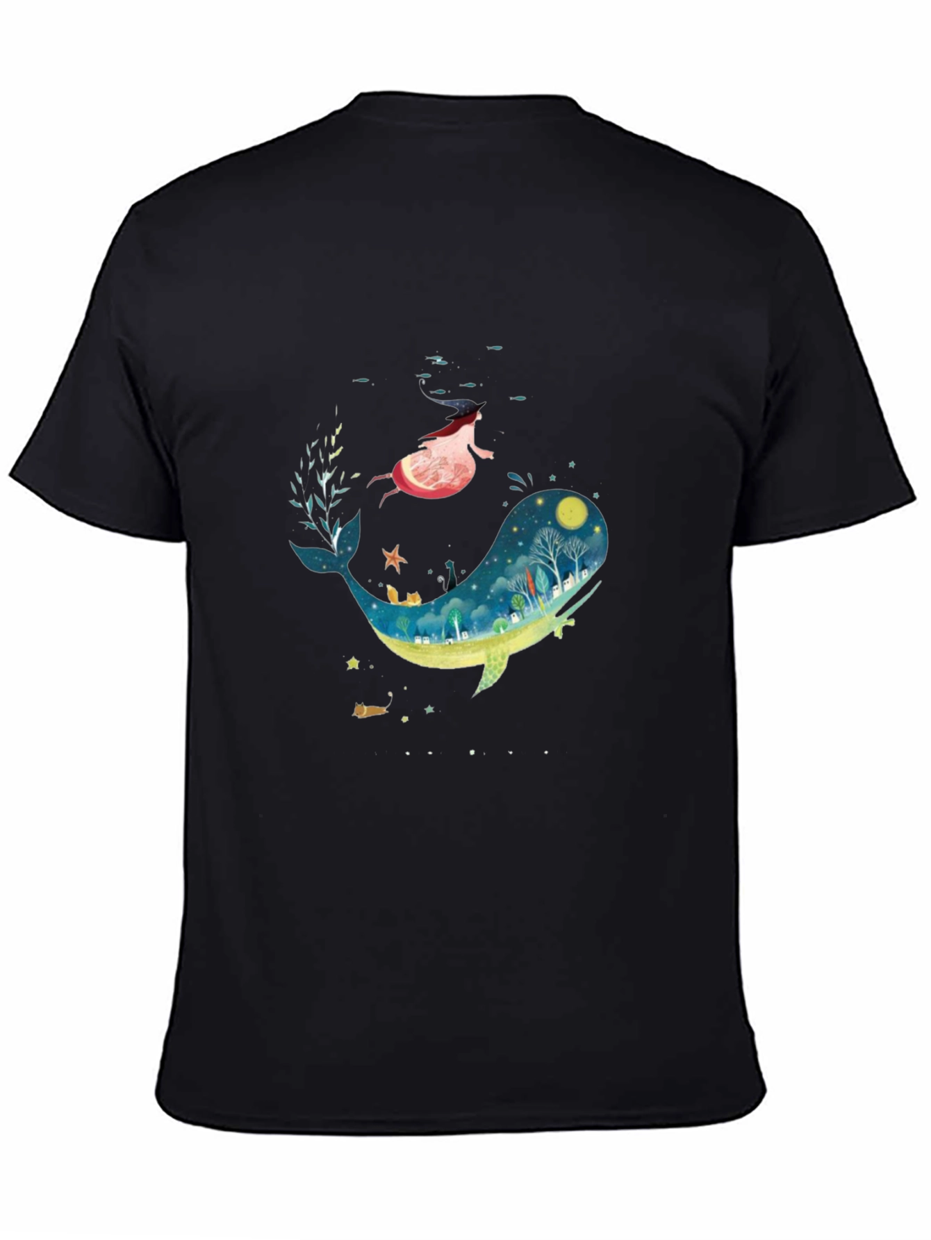 Whimsical Whale & Girl Graphic Black T-Shirt
