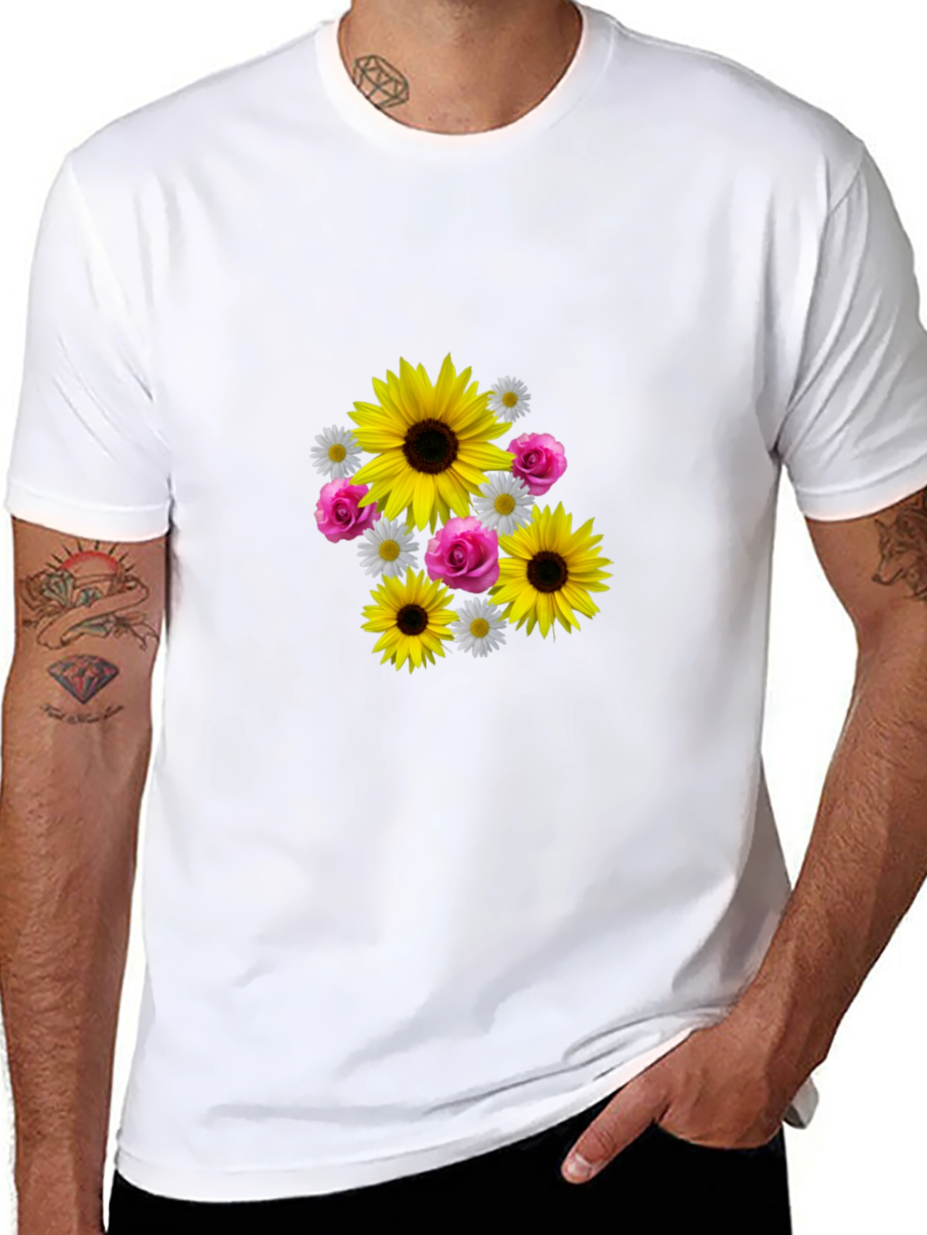 Sunflower Floral Graphic Tee - Casual Black T-Shirt